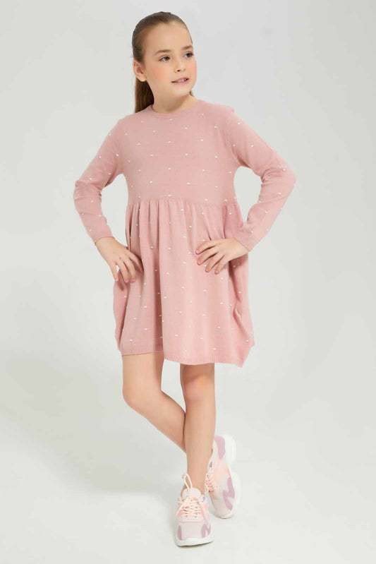 Redtag-Pale-Pink-jacquard-Dot-Sweater-Dress-Category:Dresses,-Colour:Apricot,-Deals:New-In,-Dept:Girls,-Filter:Girls-(2-to-8-Yrs),-GIR-Dresses,-New-In-GIR-APL,-Non-Sale,-Section:Girls-(0-to-14Yrs),-W22B-Girls-2 to 8 Years