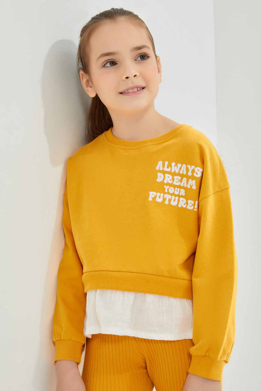 Redtag-Mustard-Loungewear-Active-Top-Category:Sweatshirts,-Colour:Mustard,-Deals:New-In,-Dept:Girls,-Filter:Girls-(2-to-8-Yrs),-GIR-Sweatshirts,-New-In-GIR-APL,-Non-Sale,-Section:Girls-(0-to-14Yrs),-W22B-Girls-2 to 8 Years