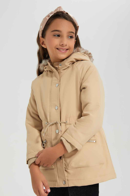Redtag-Beige-Jacket-With-Fur-At-Hood-Category:Jackets,-Colour:Beige,-Deals:New-In,-EHW,-Filter:Girls-(2-to-8-Yrs),-GIR-Jackets,-New-In-GIR-APL,-Non-Sale,-Section:Girls-(0-to-14Yrs),-W22B-Girls-2 to 8 Years