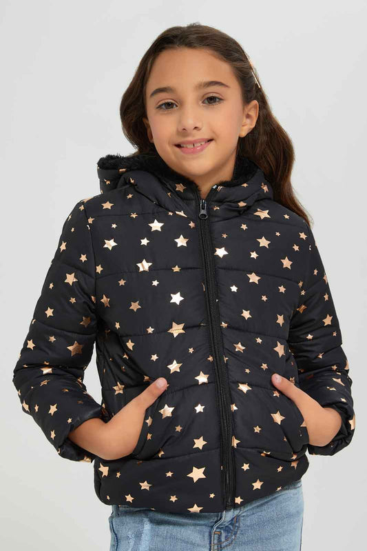 Redtag-Black-Printed-Padded-Jacket-With-Hood-Category:Jackets,-Colour:Black,-Deals:New-In,-EHW,-Filter:Girls-(2-to-8-Yrs),-GIR-Jackets,-New-In-GIR-APL,-Non-Sale,-Section:Girls-(0-to-14Yrs),-W22B-Girls-2 to 8 Years