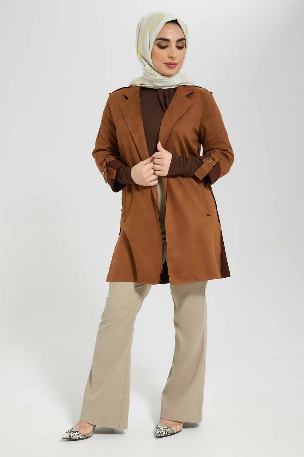 Redtag-Tan-Turnup-Sleeve-Long-Coat-Category:Jackets,-Colour:Tan,-Deals:New-In,-Filter:Women's-Clothing,-LMC,-Modest,-New-In-Women-APL,-Non-Sale,-Section:Women,-W22B,-Women-Jackets--
