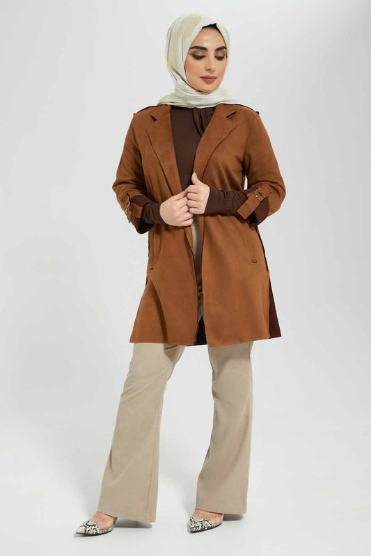 Redtag-Tan-Turnup-Sleeve-Long-Coat-Category:Jackets,-Colour:Tan,-Deals:New-In,-Filter:Women's-Clothing,-LMC,-Modest,-New-In-Women-APL,-Non-Sale,-Section:Women,-W22B,-Women-Jackets--
