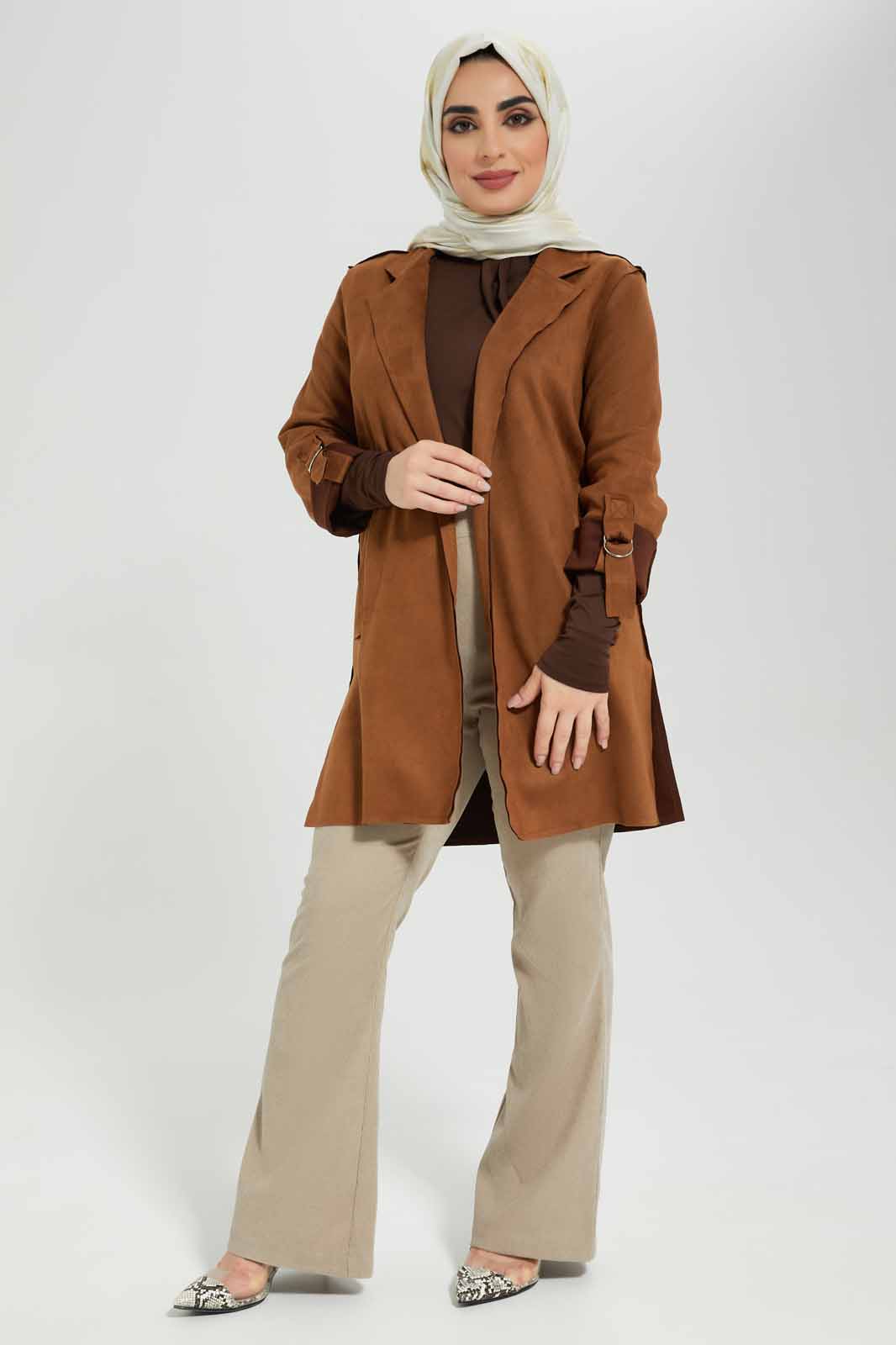Redtag-Tan-Turnup-Sleeve-Long-Coat-Category:Jackets,-Colour:Tan,-Deals:New-In,-Filter:Women's-Clothing,-LMC,-Modest,-New-In-Women-APL,-Non-Sale,-Section:Women,-W22B,-Women-Jackets--