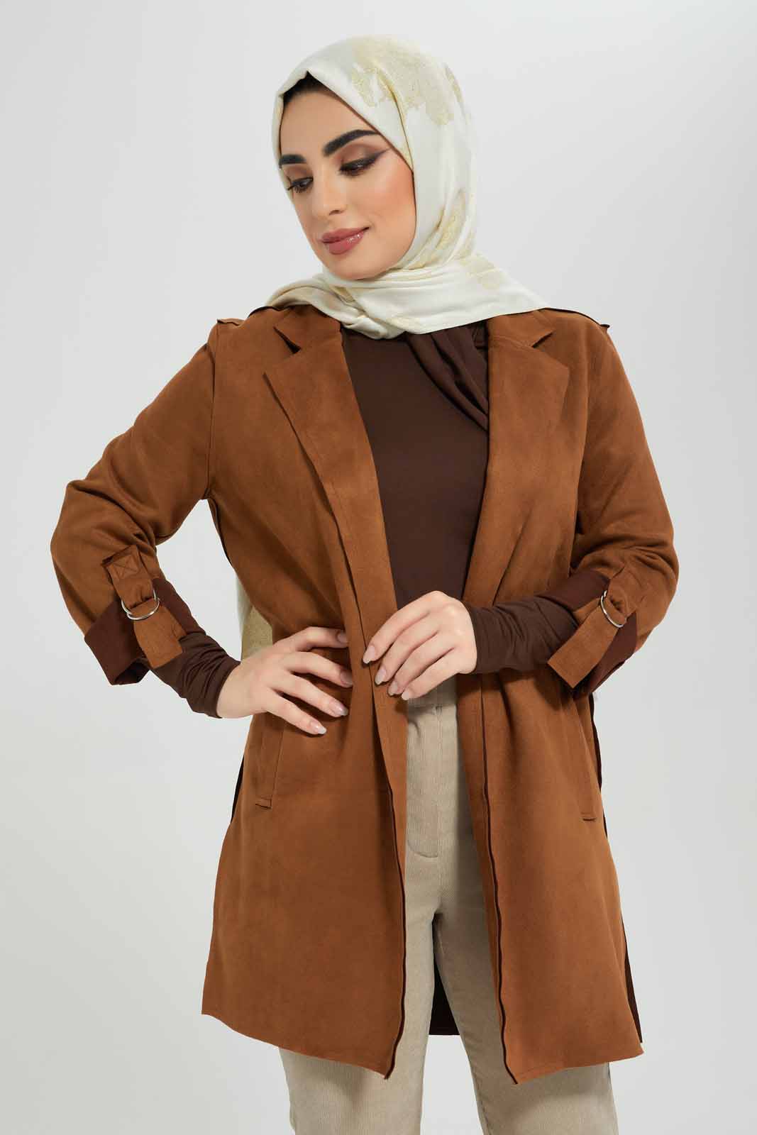 Redtag-Tan-Turnup-Sleeve-Long-Coat-Category:Jackets,-Colour:Tan,-Deals:New-In,-Filter:Women's-Clothing,-LMC,-Modest,-New-In-Women-APL,-Non-Sale,-Section:Women,-W22B,-Women-Jackets--