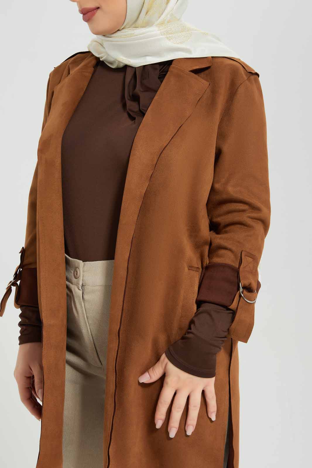 Redtag-Tan-Turnup-Sleeve-Long-Coat-Category:Jackets,-Colour:Tan,-Deals:New-In,-Filter:Women's-Clothing,-LMC,-Modest,-New-In-Women-APL,-Non-Sale,-Section:Women,-W22B,-Women-Jackets--