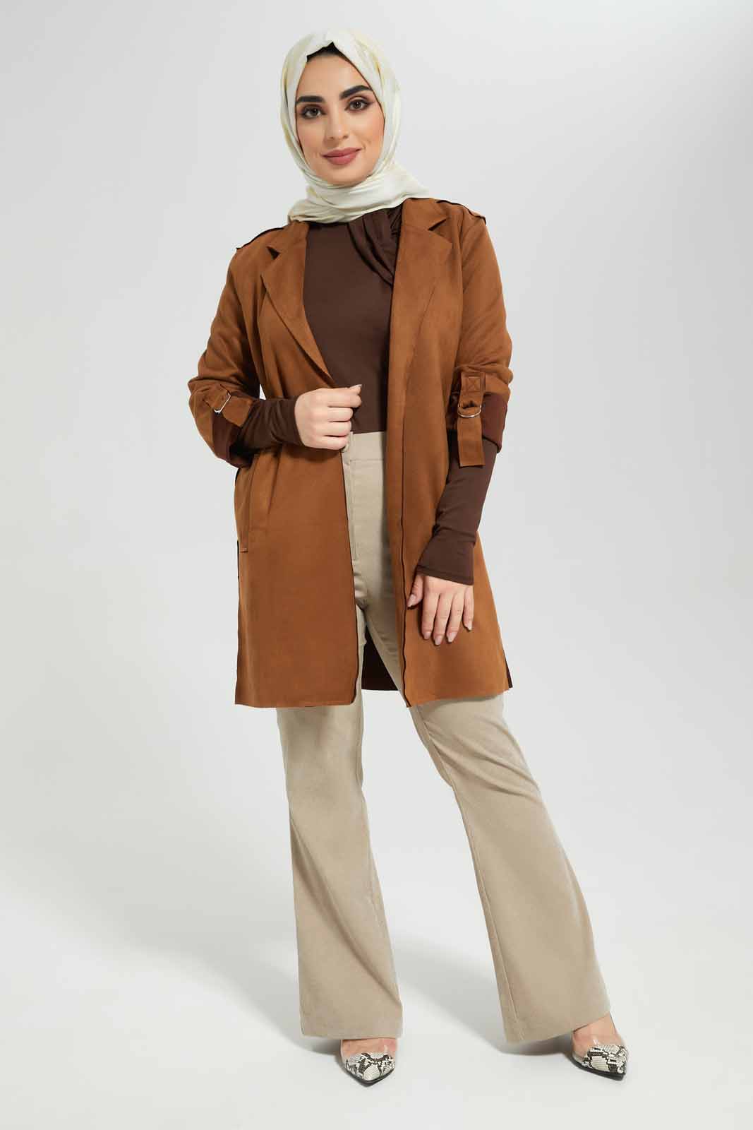 Redtag-Tan-Turnup-Sleeve-Long-Coat-Category:Jackets,-Colour:Tan,-Deals:New-In,-Filter:Women's-Clothing,-LMC,-Modest,-New-In-Women-APL,-Non-Sale,-Section:Women,-W22B,-Women-Jackets--