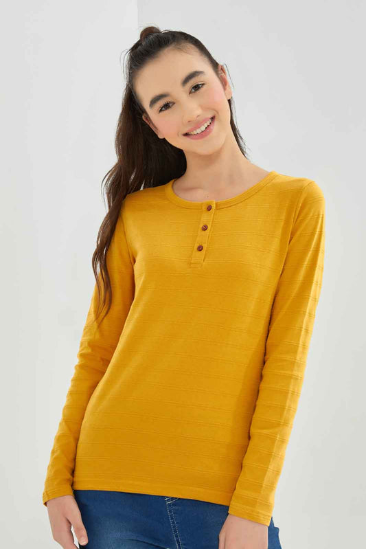 Redtag-Mustard-L/s-Jacuard-Top-Category:T-Shirts,-Colour:Mustard,-Deals:New-In,-Dept:Girls,-Filter:Senior-Girls-(8-to-14-Yrs),-GSR-T-Shirts,-New-In-GSR-APL,-Non-Sale,-Section:Girls-(0-to-14Yrs),-TBL,-W22B-Senior-Girls-9 to 14 Years