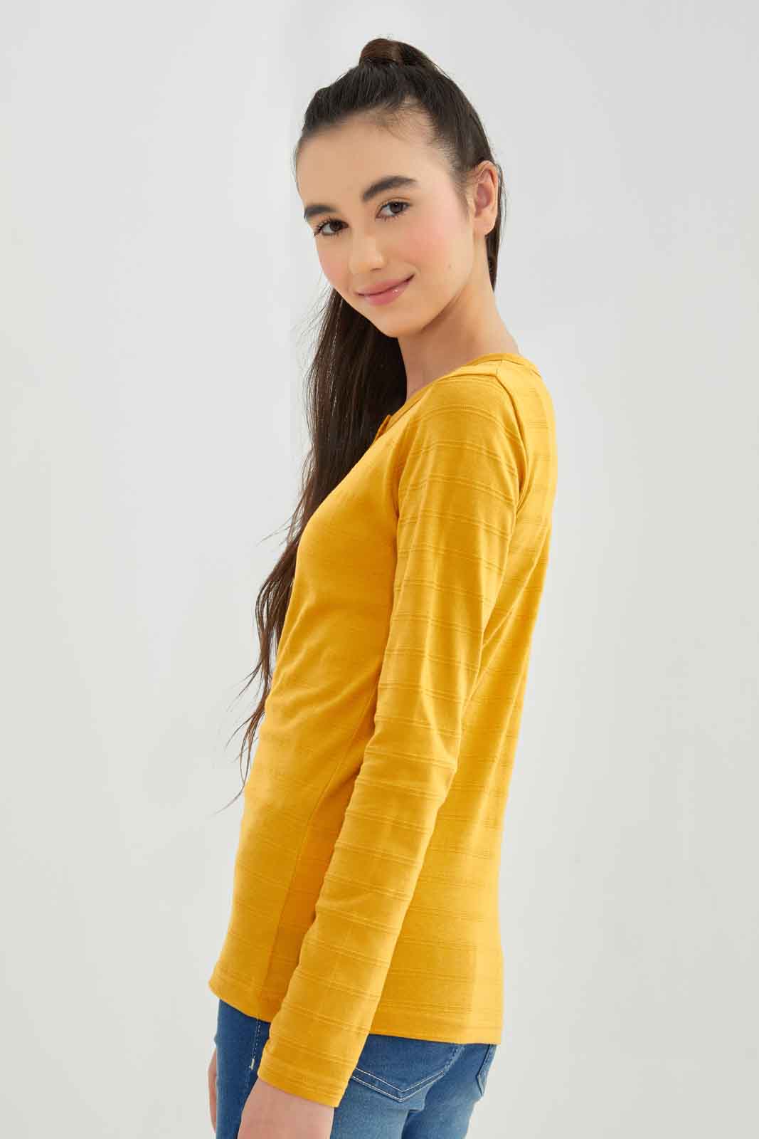Redtag-Mustard-L/s-Jacuard-Top-Category:T-Shirts,-Colour:Mustard,-Deals:New-In,-Dept:Girls,-Filter:Senior-Girls-(8-to-14-Yrs),-GSR-T-Shirts,-New-In-GSR-APL,-Non-Sale,-Section:Girls-(0-to-14Yrs),-TBL,-W22B-Senior-Girls-9 to 14 Years