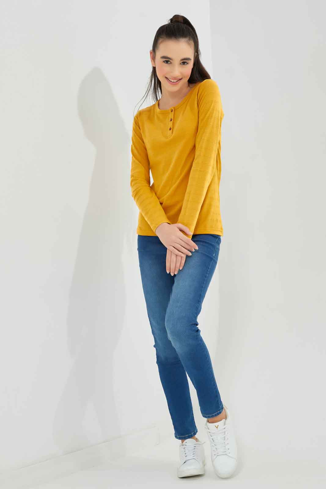 Redtag-Mustard-L/s-Jacuard-Top-Category:T-Shirts,-Colour:Mustard,-Deals:New-In,-Dept:Girls,-Filter:Senior-Girls-(8-to-14-Yrs),-GSR-T-Shirts,-New-In-GSR-APL,-Non-Sale,-Section:Girls-(0-to-14Yrs),-TBL,-W22B-Senior-Girls-9 to 14 Years