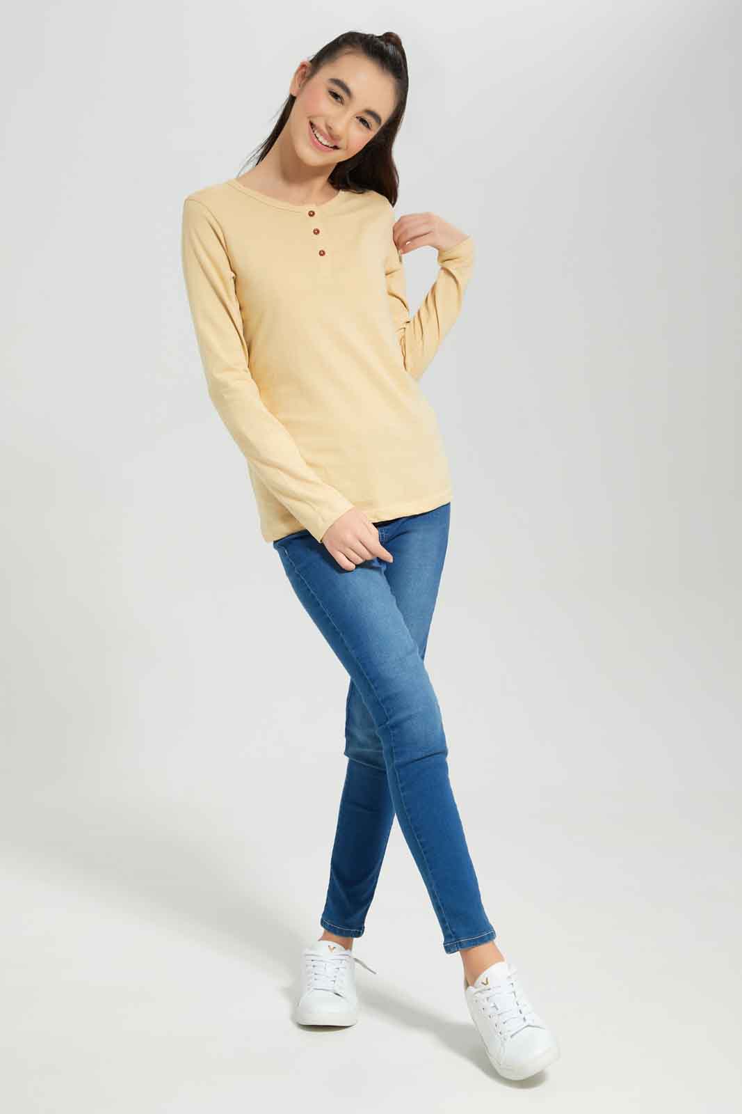 Redtag-Beige-L/s-Jacuard-Top-Category:T-Shirts,-Colour:Beige,-Deals:New-In,-Dept:Girls,-Filter:Senior-Girls-(8-to-14-Yrs),-GSR-T-Shirts,-New-In-GSR-APL,-Non-Sale,-Section:Girls-(0-to-14Yrs),-TBL,-W22B-Senior-Girls-9 to 14 Years