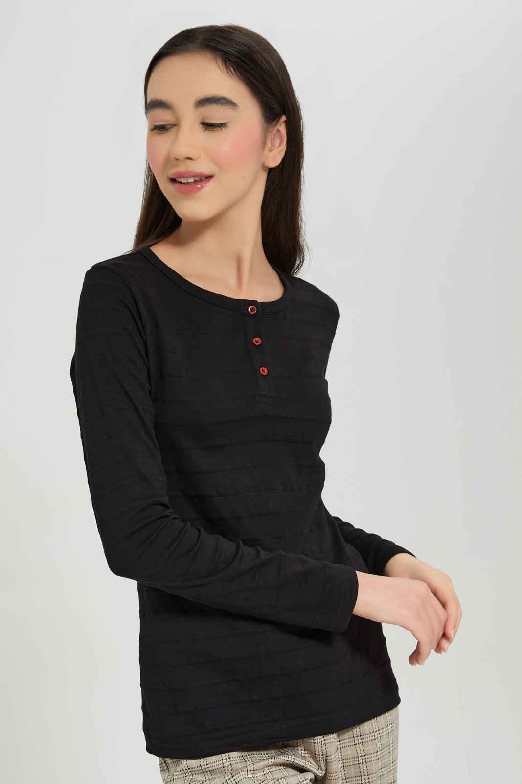 Redtag-Black-L/s-Jacuard-Top-BTS,-Category:T-Shirts,-Colour:Black,-Deals:New-In,-Dept:Girls,-Filter:Senior-Girls-(8-to-14-Yrs),-GSR-T-Shirts,-New-In-GSR-APL,-Non-Sale,-Section:Girls-(0-to-14Yrs),-TBL,-W22B-Senior-Girls-9 to 14 Years