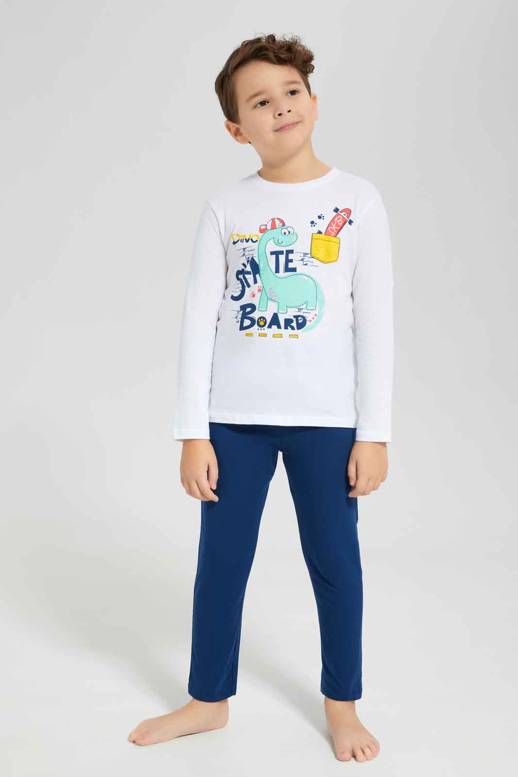 Redtag-White-Dino-Long-Sleeve-Graphic-T-shirt-And-Long-Pant-Set-BOY-Pyjama-Sets,-Category:Pyjama-Sets,-Colour:White,-Deals:New-In,-Dept:Boys,-Filter:Boys-(2-to-8-Yrs),-New-In-BOY-APL,-Non-Sale,-Section:Boys-(0-to-14Yrs),-VLM,-W22B-Boys-2 to 8 Years