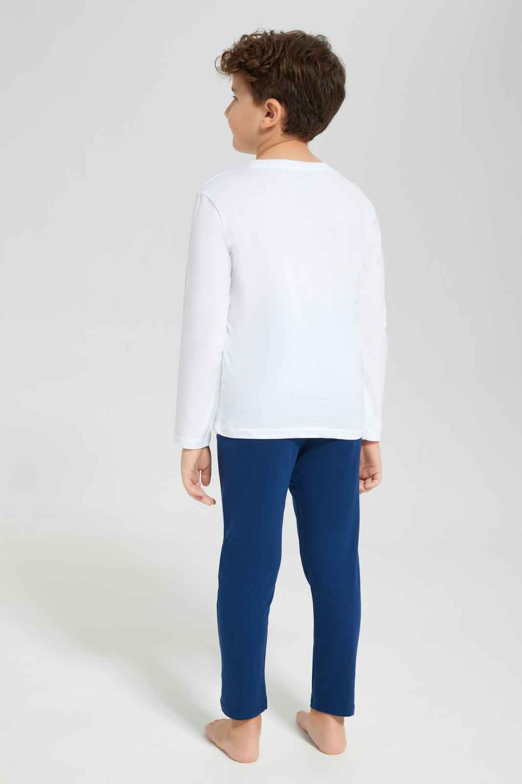 Redtag-White-Dino-Long-Sleeve-Graphic-T-shirt-And-Long-Pant-Set-BOY-Pyjama-Sets,-Category:Pyjama-Sets,-Colour:White,-Deals:New-In,-Dept:Boys,-Filter:Boys-(2-to-8-Yrs),-New-In-BOY-APL,-Non-Sale,-Section:Boys-(0-to-14Yrs),-VLM,-W22B-Boys-2 to 8 Years