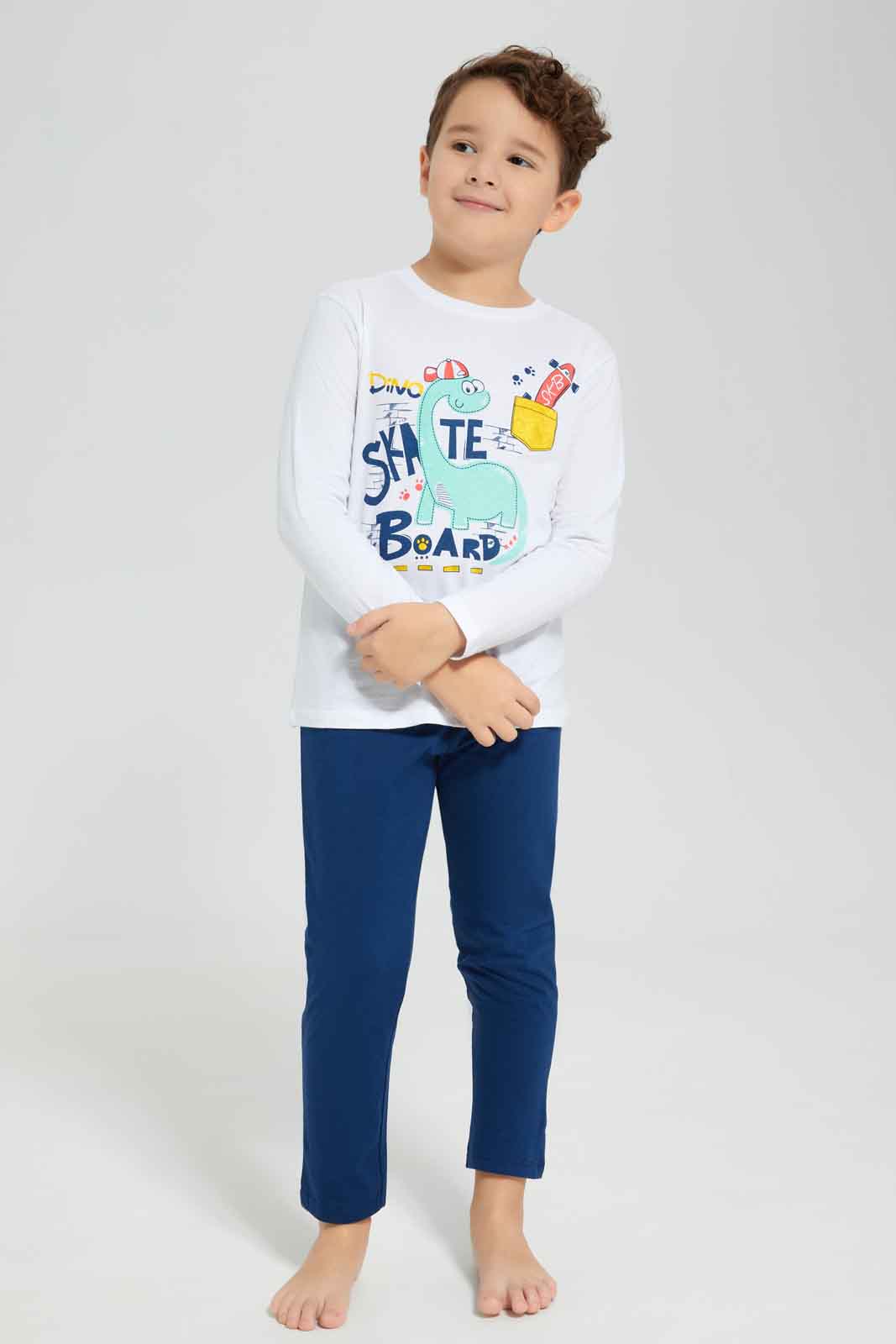 Redtag-White-Dino-Long-Sleeve-Graphic-T-shirt-And-Long-Pant-Set-BOY-Pyjama-Sets,-Category:Pyjama-Sets,-Colour:White,-Deals:New-In,-Dept:Boys,-Filter:Boys-(2-to-8-Yrs),-New-In-BOY-APL,-Non-Sale,-Section:Boys-(0-to-14Yrs),-VLM,-W22B-Boys-2 to 8 Years
