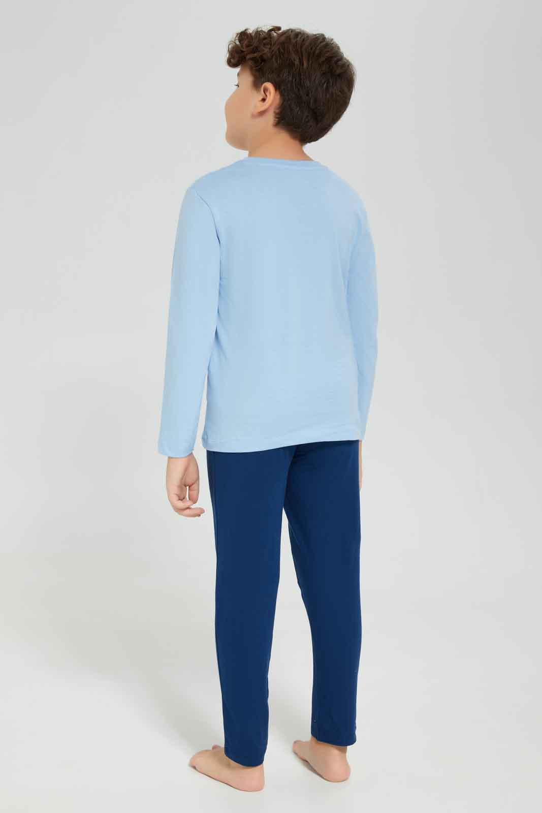 Redtag-Blue-Football-Long-Sleeve-Graphic-T-shirt-And-Long-Pant-Set-BOY-Pyjama-Sets,-Category:Pyjama-Sets,-Colour:Blue,-Deals:New-In,-Dept:Boys,-Filter:Boys-(2-to-8-Yrs),-New-In-BOY-APL,-Non-Sale,-Section:Boys-(0-to-14Yrs),-VLM,-W22B-Boys-2 to 8 Years