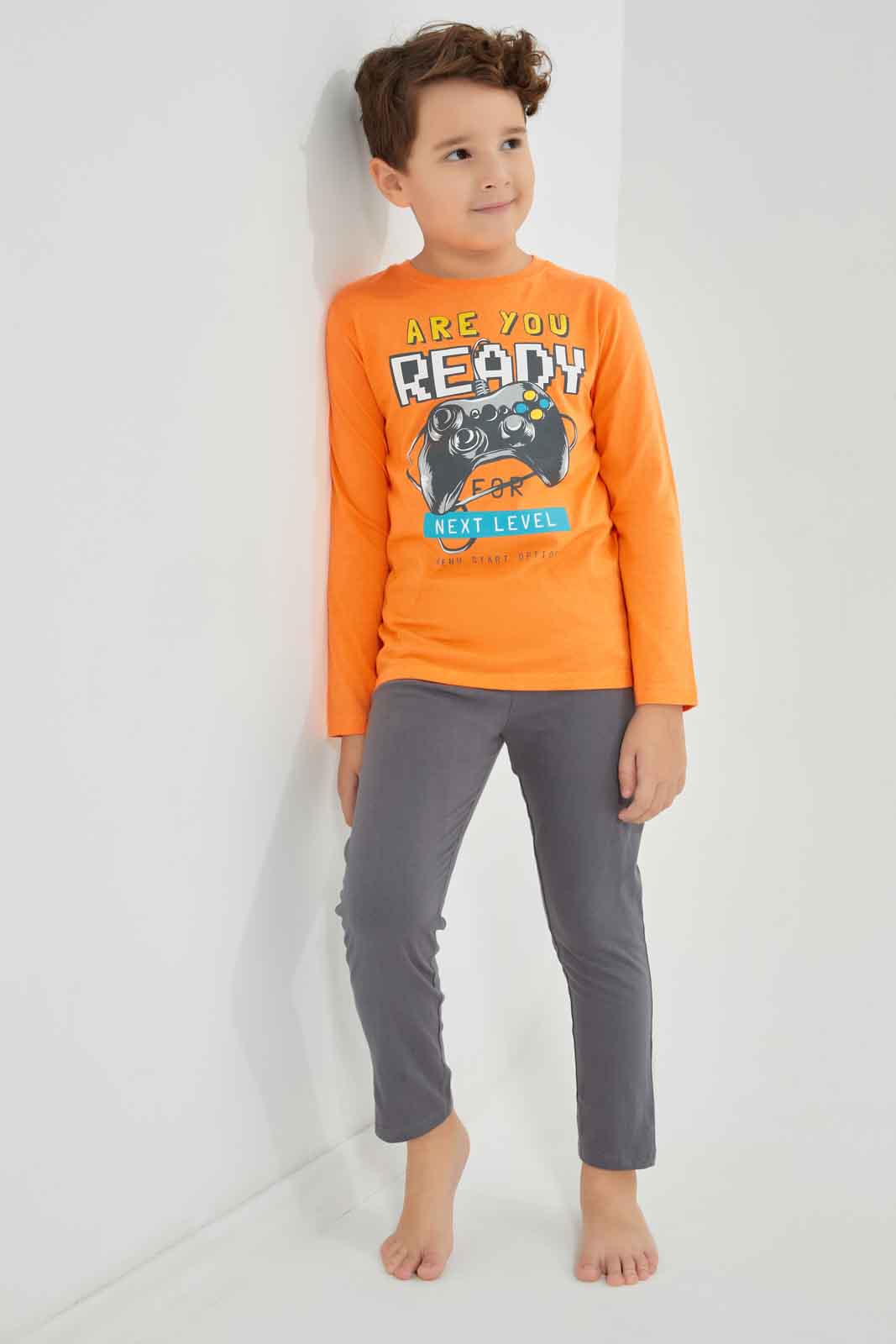 Redtag-Orange-Game-Long-Sleeve-Graphic-T-shirt-And-Long-Pant-Set-BOY-Pyjama-Sets,-Category:Pyjama-Sets,-Colour:Orange,-Deals:New-In,-Dept:Boys,-Filter:Boys-(2-to-8-Yrs),-New-In-BOY-APL,-Non-Sale,-Section:Boys-(0-to-14Yrs),-VLM,-W22B-Boys-2 to 8 Years