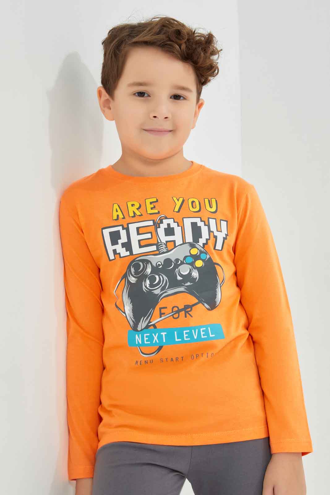 Redtag-Orange-Game-Long-Sleeve-Graphic-T-shirt-And-Long-Pant-Set-BOY-Pyjama-Sets,-Category:Pyjama-Sets,-Colour:Orange,-Deals:New-In,-Dept:Boys,-Filter:Boys-(2-to-8-Yrs),-New-In-BOY-APL,-Non-Sale,-Section:Boys-(0-to-14Yrs),-VLM,-W22B-Boys-2 to 8 Years
