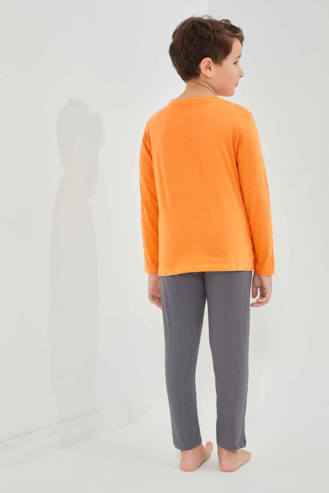 Redtag-Orange-Game-Long-Sleeve-Graphic-T-shirt-And-Long-Pant-Set-BOY-Pyjama-Sets,-Category:Pyjama-Sets,-Colour:Orange,-Deals:New-In,-Dept:Boys,-Filter:Boys-(2-to-8-Yrs),-New-In-BOY-APL,-Non-Sale,-Section:Boys-(0-to-14Yrs),-VLM,-W22B-Boys-2 to 8 Years