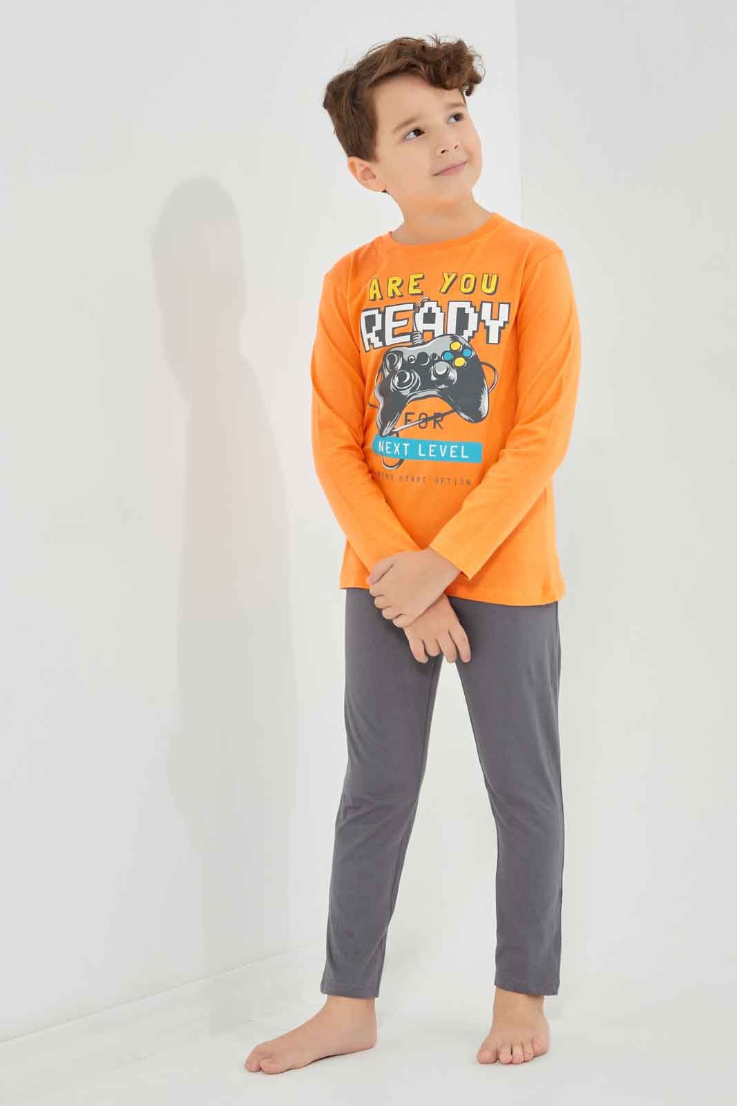 Redtag-Orange-Game-Long-Sleeve-Graphic-T-shirt-And-Long-Pant-Set-BOY-Pyjama-Sets,-Category:Pyjama-Sets,-Colour:Orange,-Deals:New-In,-Dept:Boys,-Filter:Boys-(2-to-8-Yrs),-New-In-BOY-APL,-Non-Sale,-Section:Boys-(0-to-14Yrs),-VLM,-W22B-Boys-2 to 8 Years