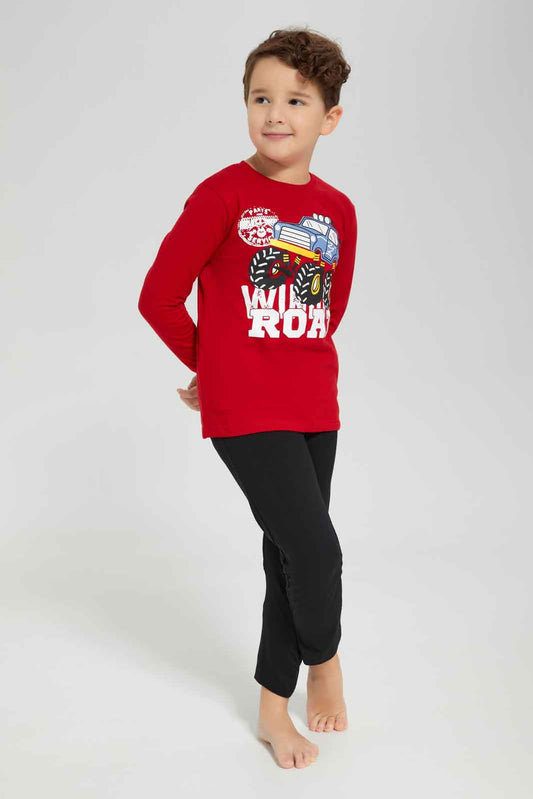 Redtag-Red-Truck-Long-Sleeve-Graphic-T-shirt-And-Long-Pant-Set-BOY-Pyjama-Sets,-Category:Pyjama-Sets,-Colour:Red,-Deals:New-In,-Dept:Boys,-Filter:Boys-(2-to-8-Yrs),-New-In-BOY-APL,-Non-Sale,-Section:Boys-(0-to-14Yrs),-VLM,-W22B-Boys-2 to 8 Years