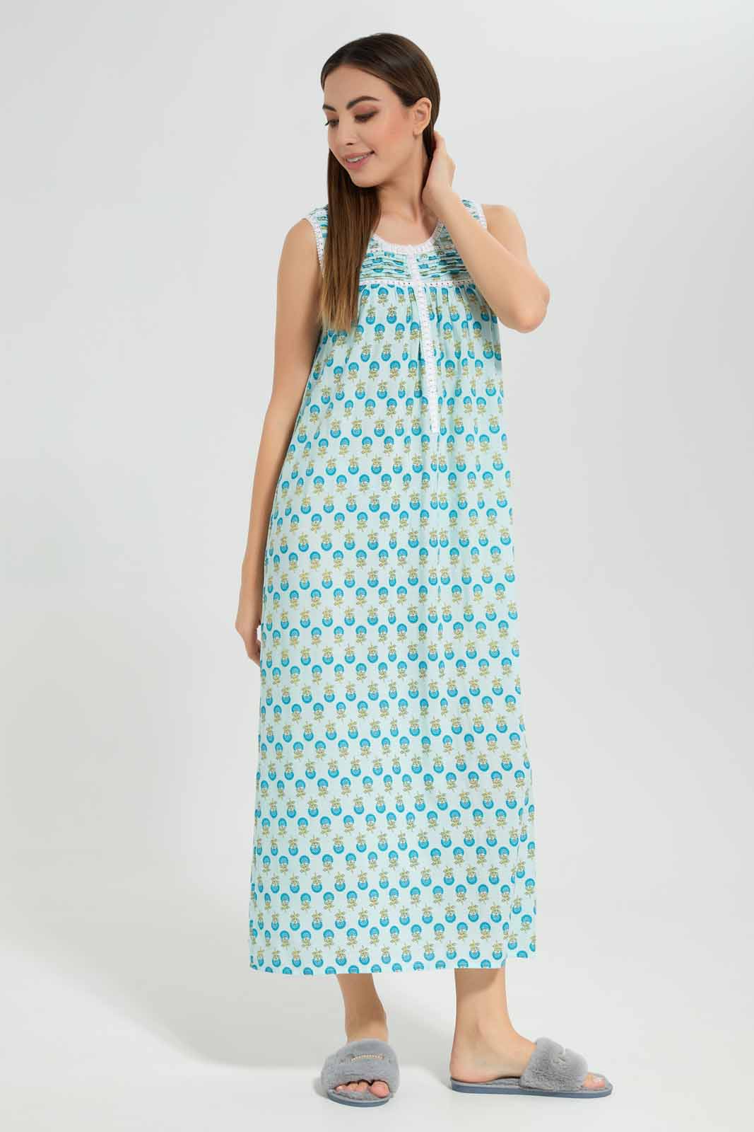 Women Blue Allover Print Nightgown