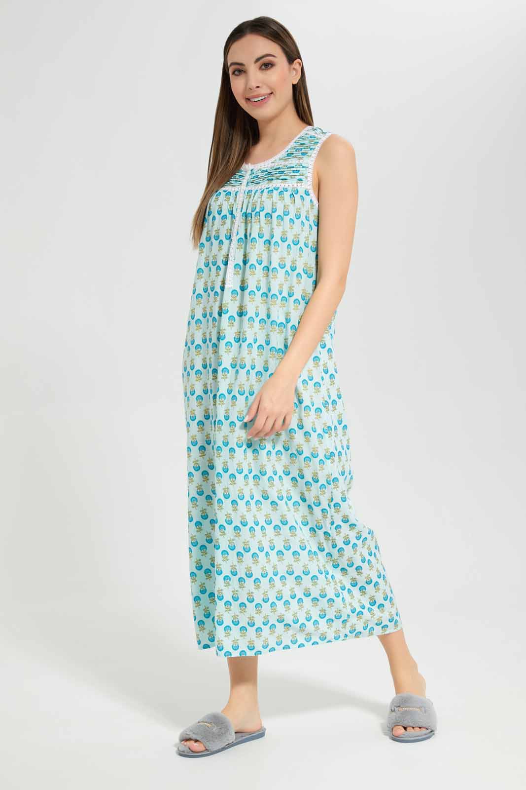 Women Blue Allover Print Nightgown