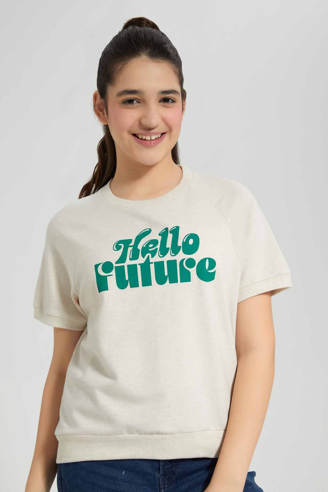Redtag-Girls-Beige-S/S-Sporty-Top-Category:T-Shirts,-Colour:Beige,-Deals:New-In,-Filter:Senior-Girls-(8-to-14-Yrs),-GSR-T-Shirts,-New-In-GSR-APL,-Non-Sale,-Section:Girls-(0-to-14Yrs),-TBL,-W22B-Senior-Girls-9 to 14 Years