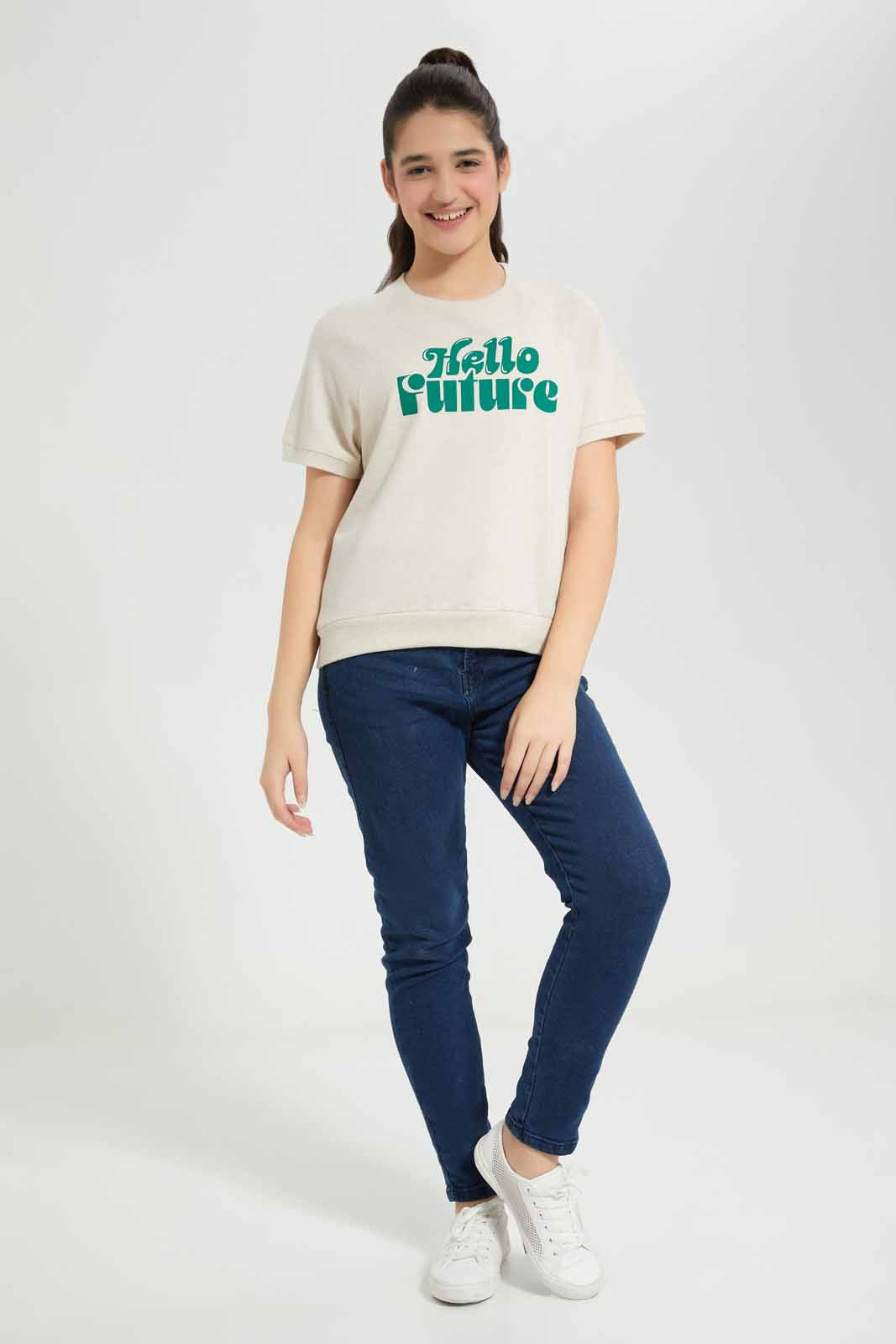 Redtag-Girls-Beige-S/S-Sporty-Top-Category:T-Shirts,-Colour:Beige,-Deals:New-In,-Filter:Senior-Girls-(8-to-14-Yrs),-GSR-T-Shirts,-New-In-GSR-APL,-Non-Sale,-Section:Girls-(0-to-14Yrs),-TBL,-W22B-Senior-Girls-9 to 14 Years