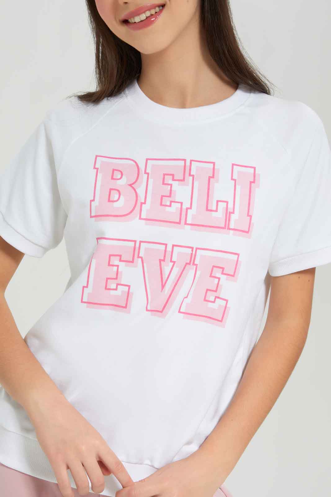 Redtag-Girls-White-S/S-Sporty-Top-BTS,-Category:T-Shirts,-Colour:White,-Deals:New-In,-Dept:Girls,-Filter:Senior-Girls-(8-to-14-Yrs),-GSR-T-Shirts,-New-In-GSR-APL,-Non-Sale,-Section:Girls-(0-to-14Yrs),-TBL,-W22B-Senior-Girls-9 to 14 Years