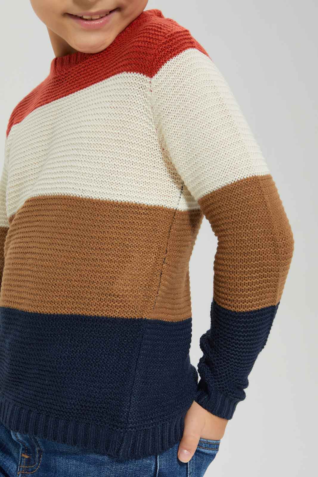 Redtag-Boys-Brown-Color-Block-Stripe-Jumper-BOY-Pullovers,-Category:Pullovers,-Colour:Brown,-Deals:New-In,-Dept:Boys,-Filter:Boys-(2-to-8-Yrs),-New-In-BOY-APL,-Non-Sale,-Section:Boys-(0-to-14Yrs),-W22B-Boys-2 to 8 Years