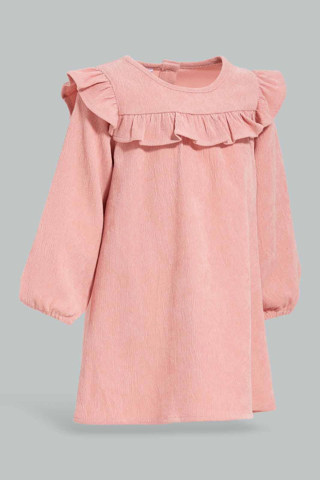 Redtag-Girls-Pink-Corduroy-Front-Frills-Dress-Category:Dresses,-Colour:Apricot,-Deals:New-In,-Filter:Infant-Girls-(3-to-24-Mths),-ING-Dresses,-New-In-ING-APL,-Non-Sale,-Section:Girls-(0-to-14Yrs),-W22B-Infant-Girls-