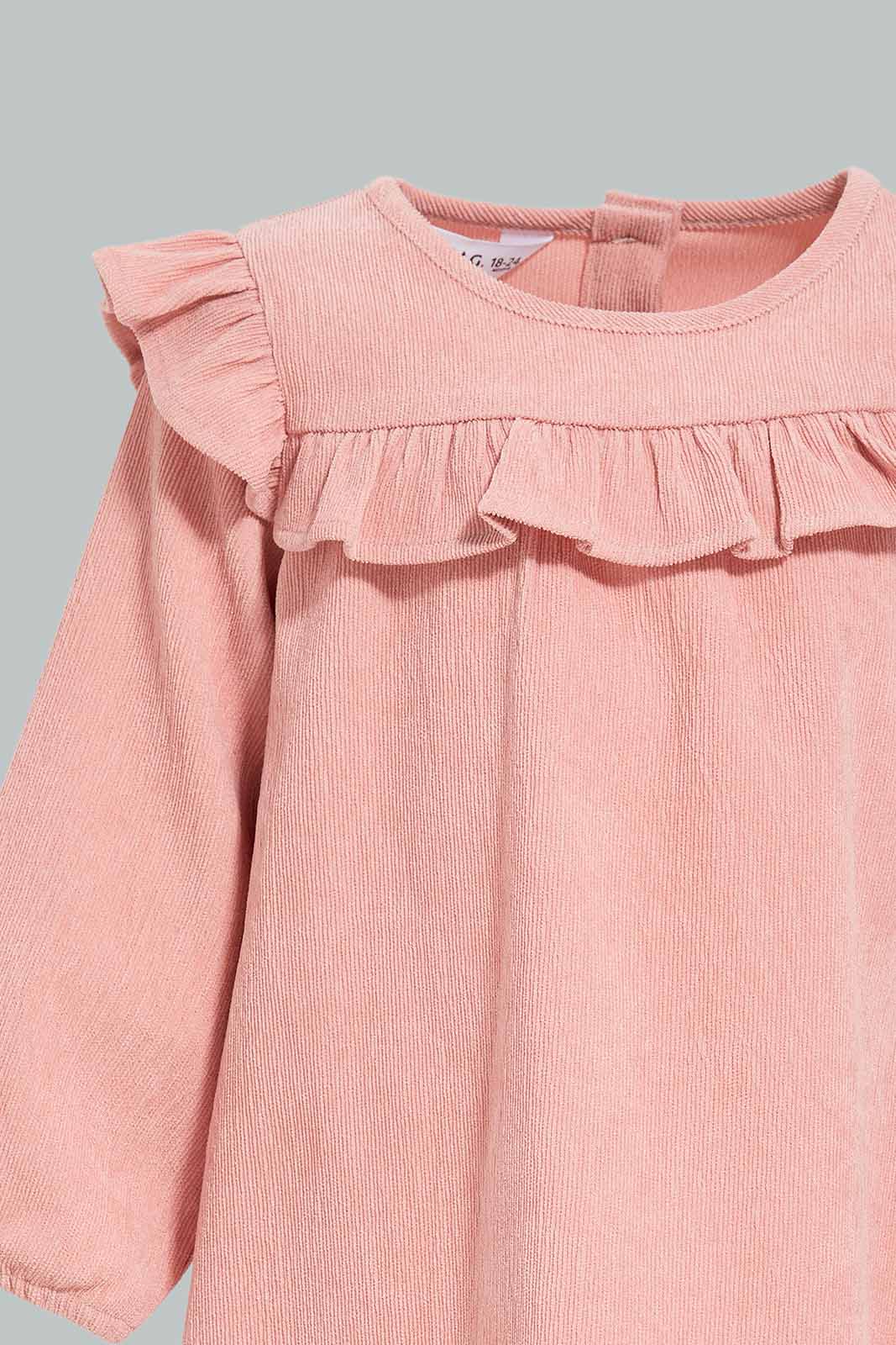 Redtag-Girls-Pink-Corduroy-Front-Frills-Dress-Category:Dresses,-Colour:Apricot,-Deals:New-In,-Filter:Infant-Girls-(3-to-24-Mths),-ING-Dresses,-New-In-ING-APL,-Non-Sale,-Section:Girls-(0-to-14Yrs),-W22B-Infant-Girls-