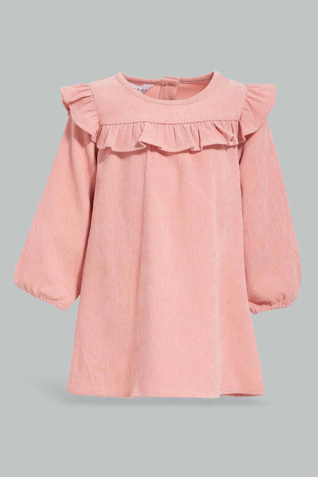 Redtag-Girls-Pink-Corduroy-Front-Frills-Dress-Category:Dresses,-Colour:Apricot,-Deals:New-In,-Filter:Infant-Girls-(3-to-24-Mths),-ING-Dresses,-New-In-ING-APL,-Non-Sale,-Section:Girls-(0-to-14Yrs),-W22B-Infant-Girls-