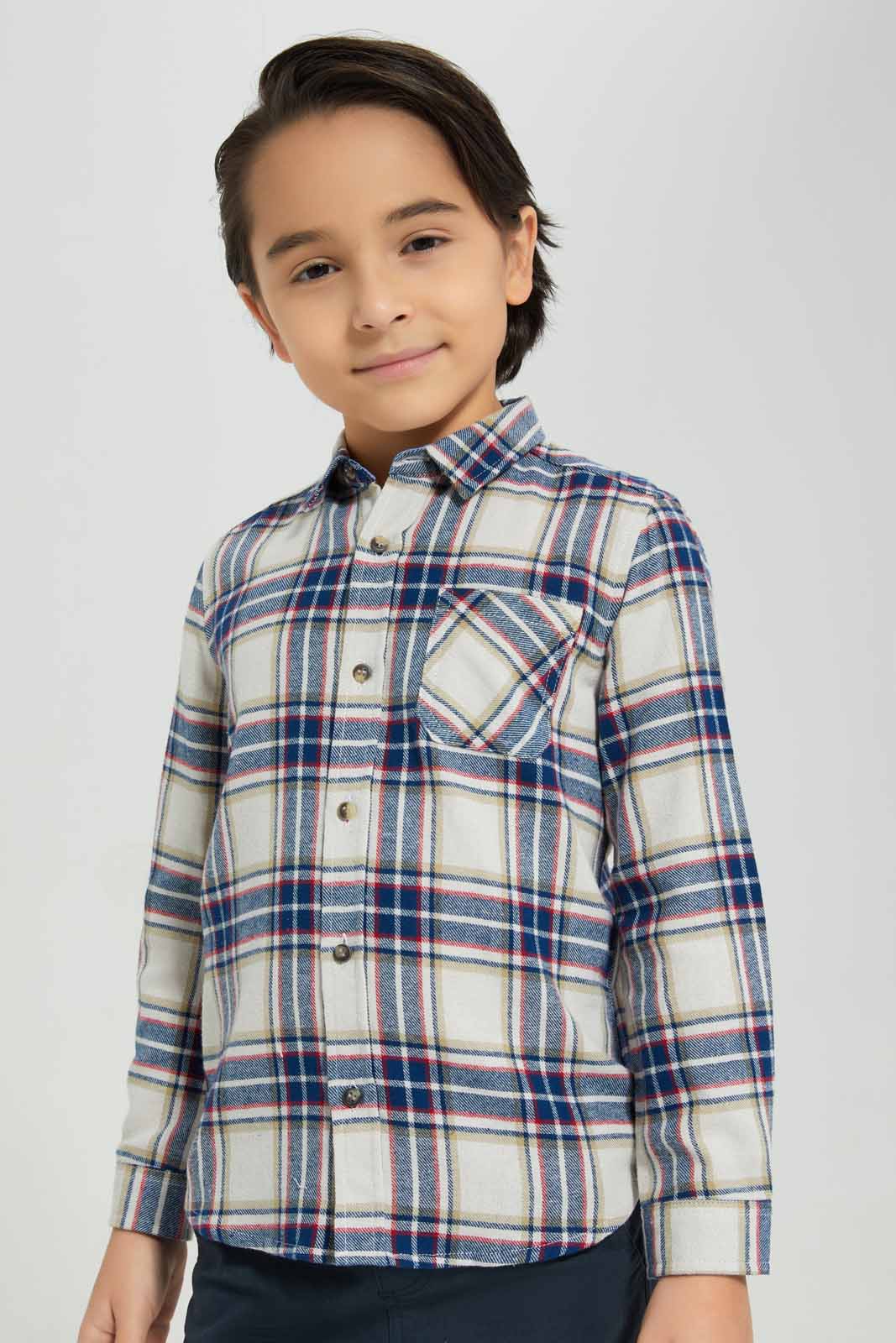 Boys White And Blue Checkered Shirt