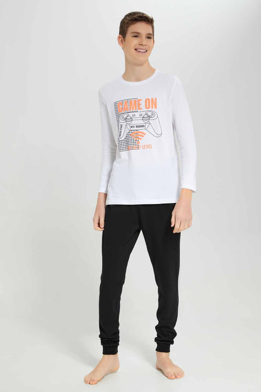 Redtag-Boys-White-Game-On-Nightsuit-BSR-Pyjama-Sets,-Category:Pyjama-Sets,-Colour:White,-Deals:New-In,-Filter:Senior-Boys-(8-to-14-Yrs),-NDAY,-New-In-BSR-APL,-Non-Sale,-Section:Boys-(0-to-14Yrs),-W22B-Senior-Boys-9 to 14 Years