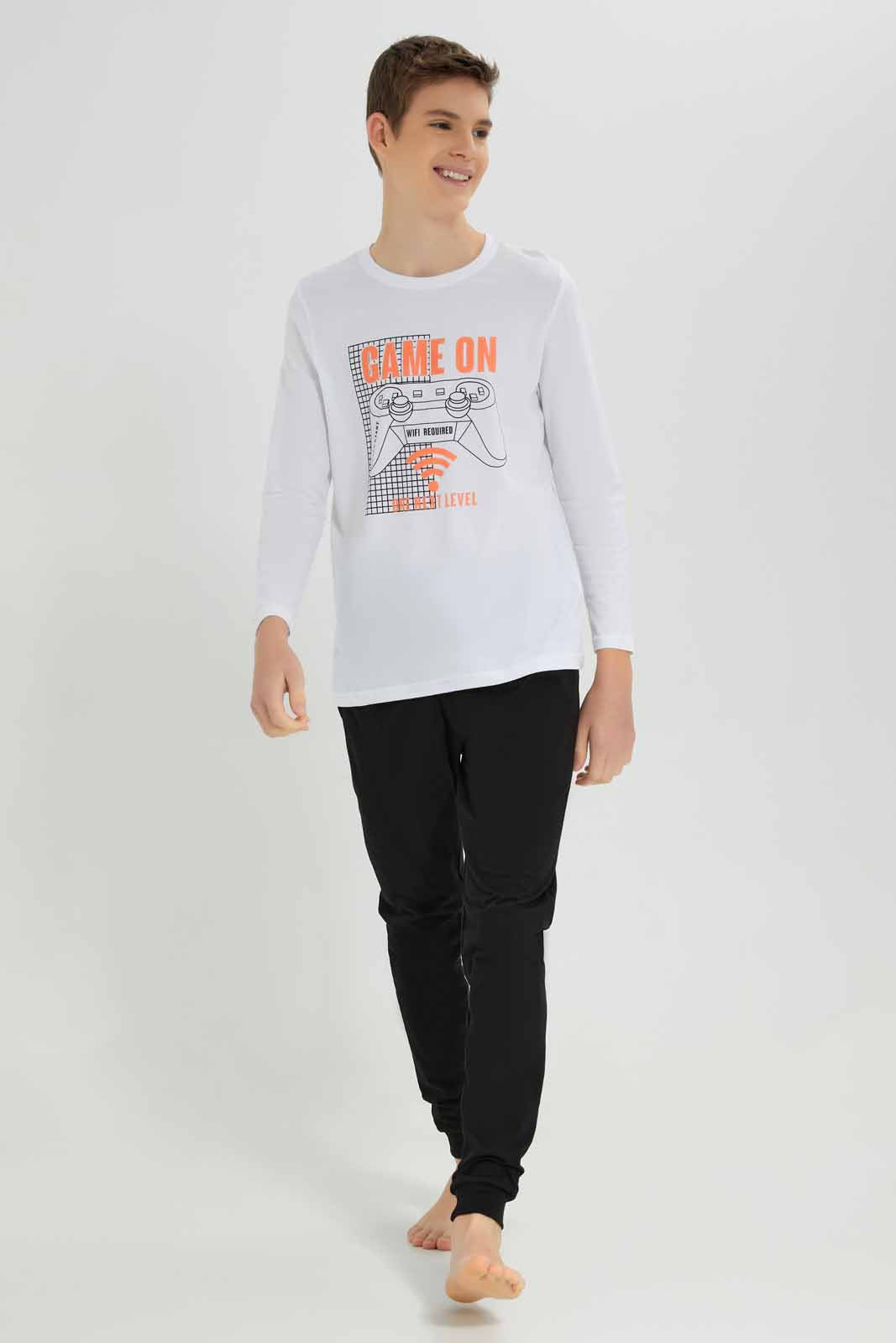 Redtag-Boys-White-Game-On-Nightsuit-BSR-Pyjama-Sets,-Category:Pyjama-Sets,-Colour:White,-Deals:New-In,-Filter:Senior-Boys-(8-to-14-Yrs),-NDAY,-New-In-BSR-APL,-Non-Sale,-Section:Boys-(0-to-14Yrs),-W22B-Senior-Boys-9 to 14 Years