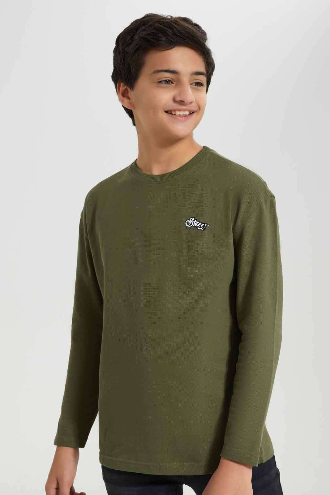 Redtag-Boys-Olive-Pique-Oversize-Sweatshirt-BSR-Sweatshirts,-Category:Sweatshirts,-Colour:Olive,-Deals:New-In,-Filter:Senior-Boys-(8-to-14-Yrs),-New-In-BSR-APL,-Non-Sale,-Section:Boys-(0-to-14Yrs),-TBL,-W22B-Senior-Boys-9 to 14 Years