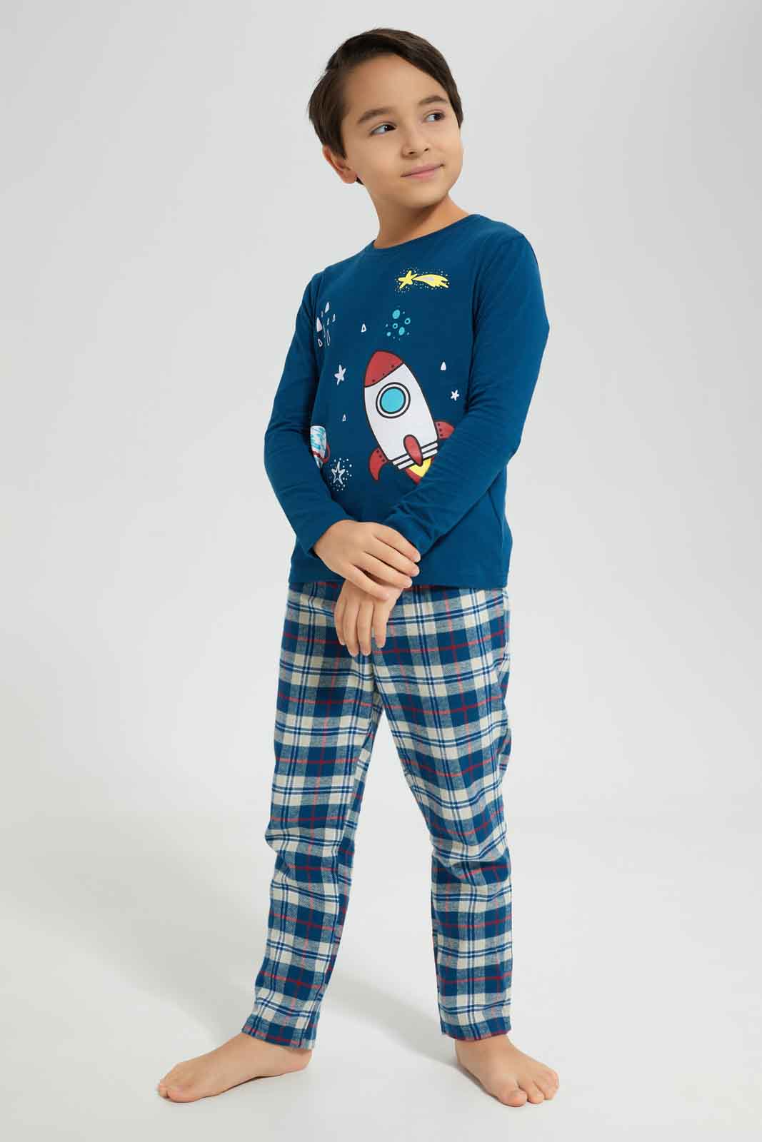 Redtag-Boys-Navy-Long-Sleeve-Single-Jersey-Printed-T-Shirt-With-Brushed-Check-BOY-Pyjama-Sets,-Category:Pyjama-Sets,-Colour:Navy,-Deals:New-In,-Dept:Boys,-Filter:Boys-(2-to-8-Yrs),-New-In-BOY-APL,-Non-Sale,-Section:Boys-(0-to-14Yrs),-W22B-Boys-2 to 8 Years