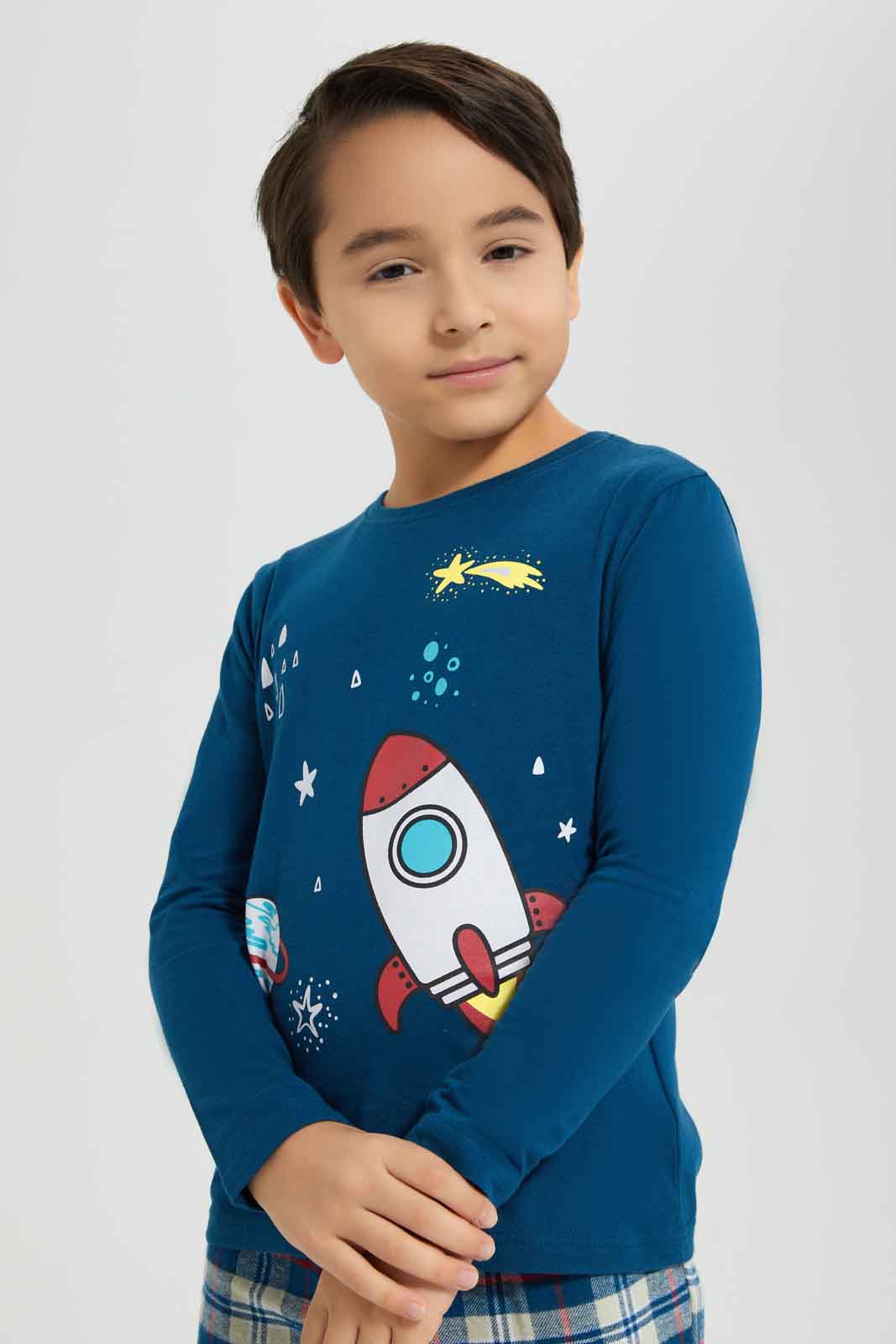 Redtag-Boys-Navy-Long-Sleeve-Single-Jersey-Printed-T-Shirt-With-Brushed-Check-BOY-Pyjama-Sets,-Category:Pyjama-Sets,-Colour:Navy,-Deals:New-In,-Dept:Boys,-Filter:Boys-(2-to-8-Yrs),-New-In-BOY-APL,-Non-Sale,-Section:Boys-(0-to-14Yrs),-W22B-Boys-2 to 8 Years