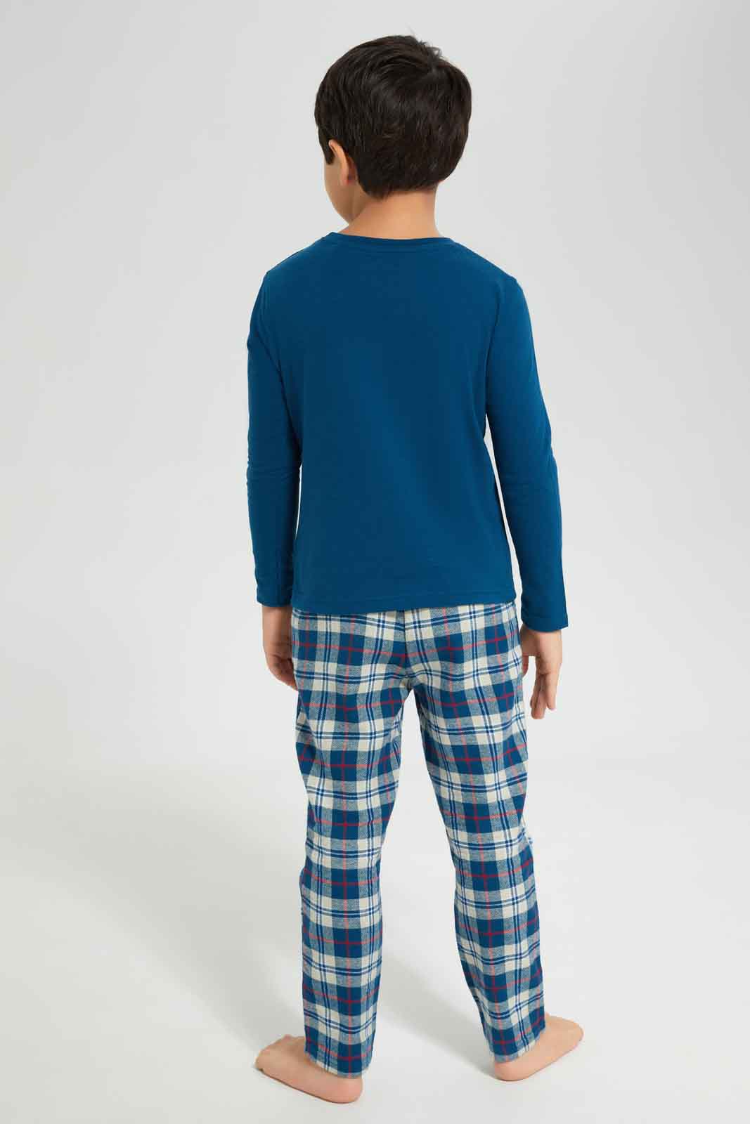 Redtag-Boys-Navy-Long-Sleeve-Single-Jersey-Printed-T-Shirt-With-Brushed-Check-BOY-Pyjama-Sets,-Category:Pyjama-Sets,-Colour:Navy,-Deals:New-In,-Dept:Boys,-Filter:Boys-(2-to-8-Yrs),-New-In-BOY-APL,-Non-Sale,-Section:Boys-(0-to-14Yrs),-W22B-Boys-2 to 8 Years
