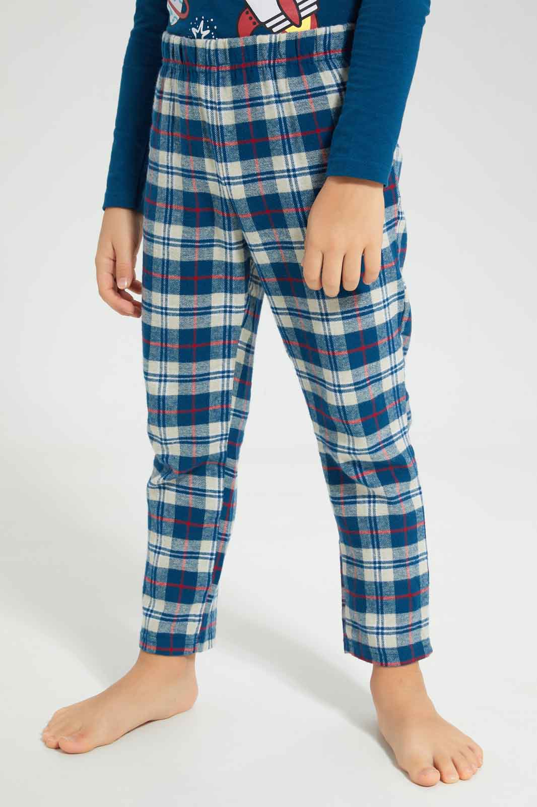Redtag-Boys-Navy-Long-Sleeve-Single-Jersey-Printed-T-Shirt-With-Brushed-Check-BOY-Pyjama-Sets,-Category:Pyjama-Sets,-Colour:Navy,-Deals:New-In,-Dept:Boys,-Filter:Boys-(2-to-8-Yrs),-New-In-BOY-APL,-Non-Sale,-Section:Boys-(0-to-14Yrs),-W22B-Boys-2 to 8 Years