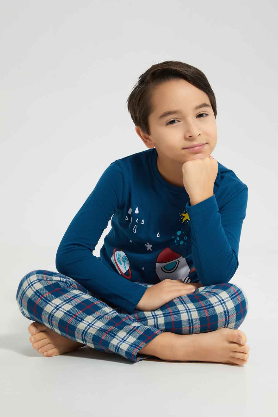 Redtag-Boys-Navy-Long-Sleeve-Single-Jersey-Printed-T-Shirt-With-Brushed-Check-BOY-Pyjama-Sets,-Category:Pyjama-Sets,-Colour:Navy,-Deals:New-In,-Dept:Boys,-Filter:Boys-(2-to-8-Yrs),-New-In-BOY-APL,-Non-Sale,-Section:Boys-(0-to-14Yrs),-W22B-Boys-2 to 8 Years