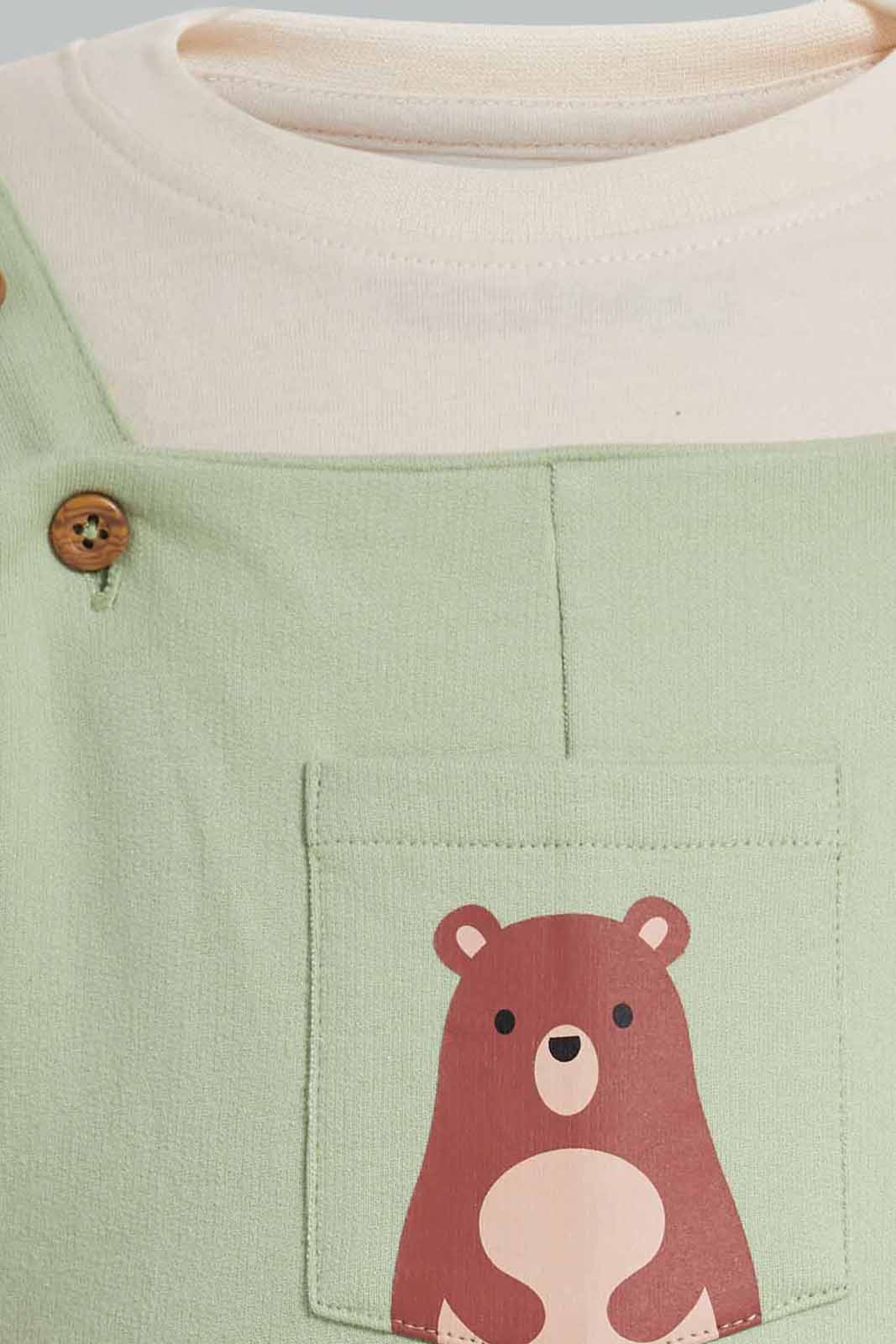 Redtag-Boys-Green-Dino-Dungaree-Category:Sets,-Colour:Green,-Deals:New-In,-Filter:Infant-Boys-(3-to-24-Mths),-INB-Sets,-New-In-INB-APL,-Non-Sale,-Section:Boys-(0-to-14Yrs),-W22B-Infant-Boys-3 to 24 Months