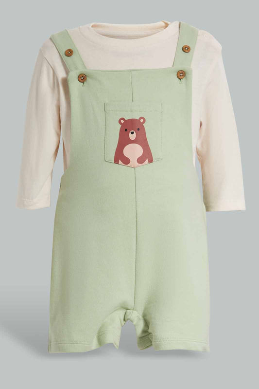 Redtag-Boys-Green-Dino-Dungaree-Category:Sets,-Colour:Green,-Deals:New-In,-Filter:Infant-Boys-(3-to-24-Mths),-INB-Sets,-New-In-INB-APL,-Non-Sale,-Section:Boys-(0-to-14Yrs),-W22B-Infant-Boys-3 to 24 Months