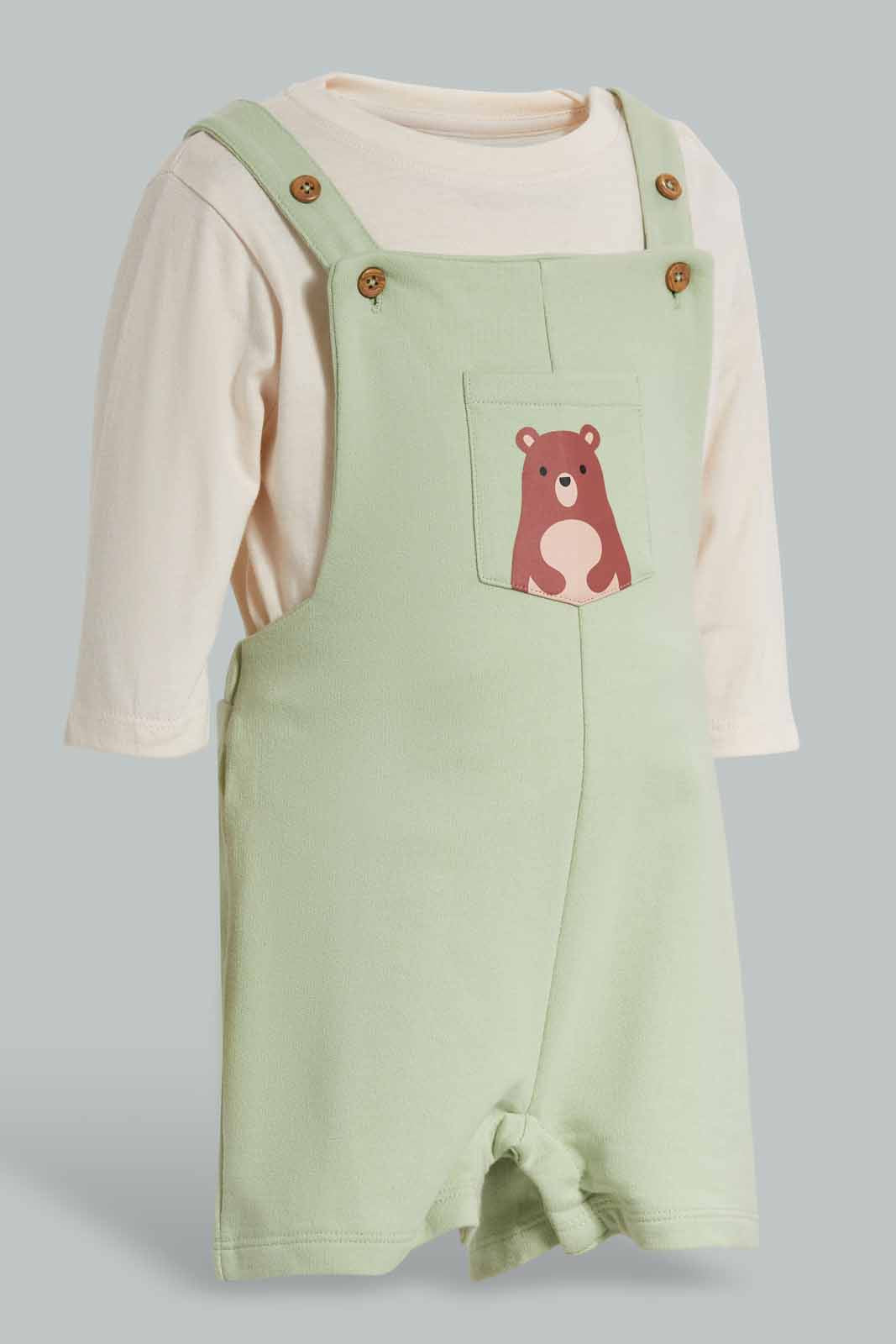 Redtag-Boys-Green-Dino-Dungaree-Category:Sets,-Colour:Green,-Deals:New-In,-Filter:Infant-Boys-(3-to-24-Mths),-INB-Sets,-New-In-INB-APL,-Non-Sale,-Section:Boys-(0-to-14Yrs),-W22B-Infant-Boys-3 to 24 Months