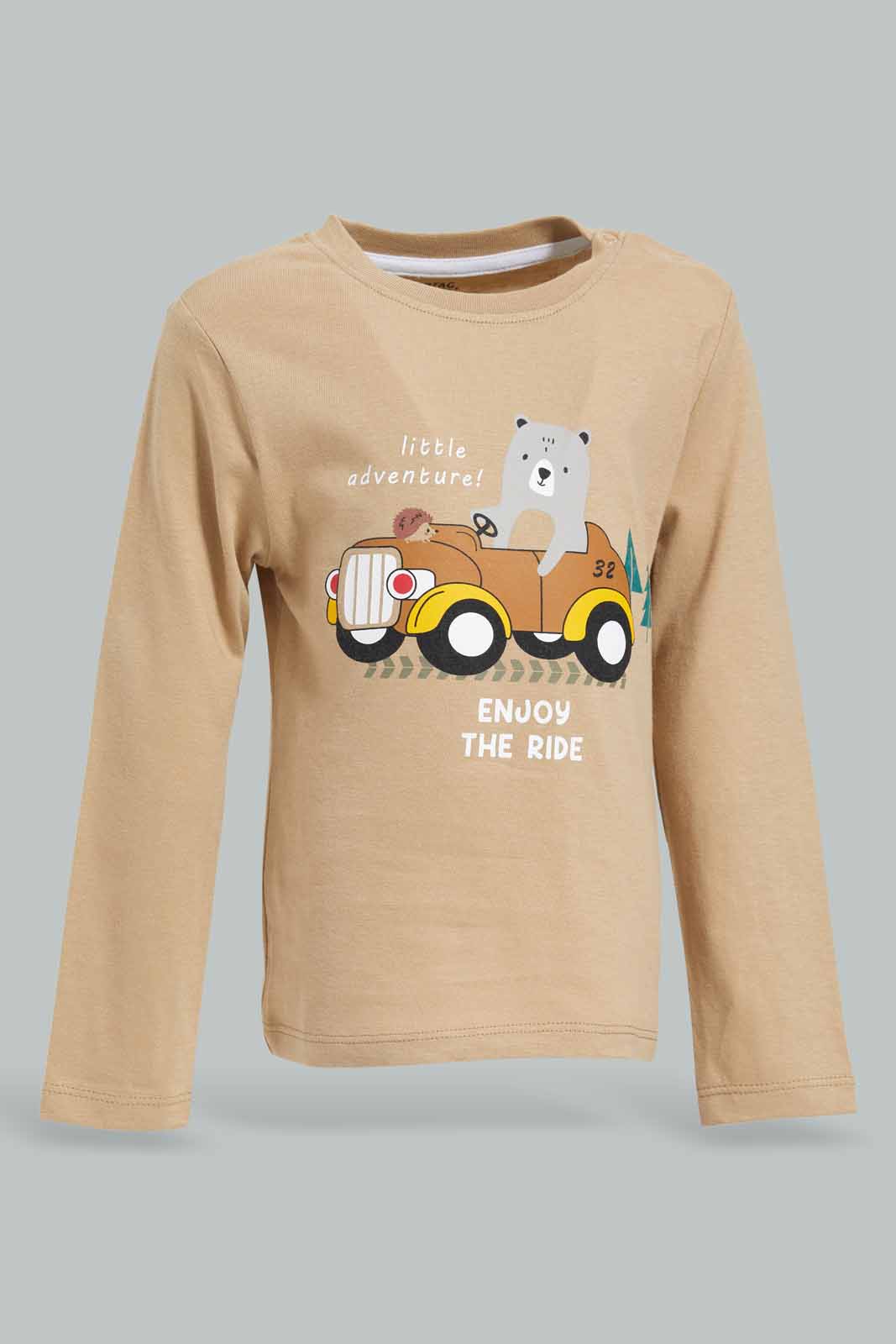 Redtag-Boys-Brown-Stone-Animal-Car-Long-Sleeve-Tshirt-Category:T-Shirts,-Colour:Brown,-Deals:New-In,-Dept:Boys,-Filter:Infant-Boys-(3-to-24-Mths),-INB-T-Shirts,-New-In-INB-APL,-Non-Sale,-Section:Boys-(0-to-14Yrs),-W22B-Infant-Boys-3 to 24 Months