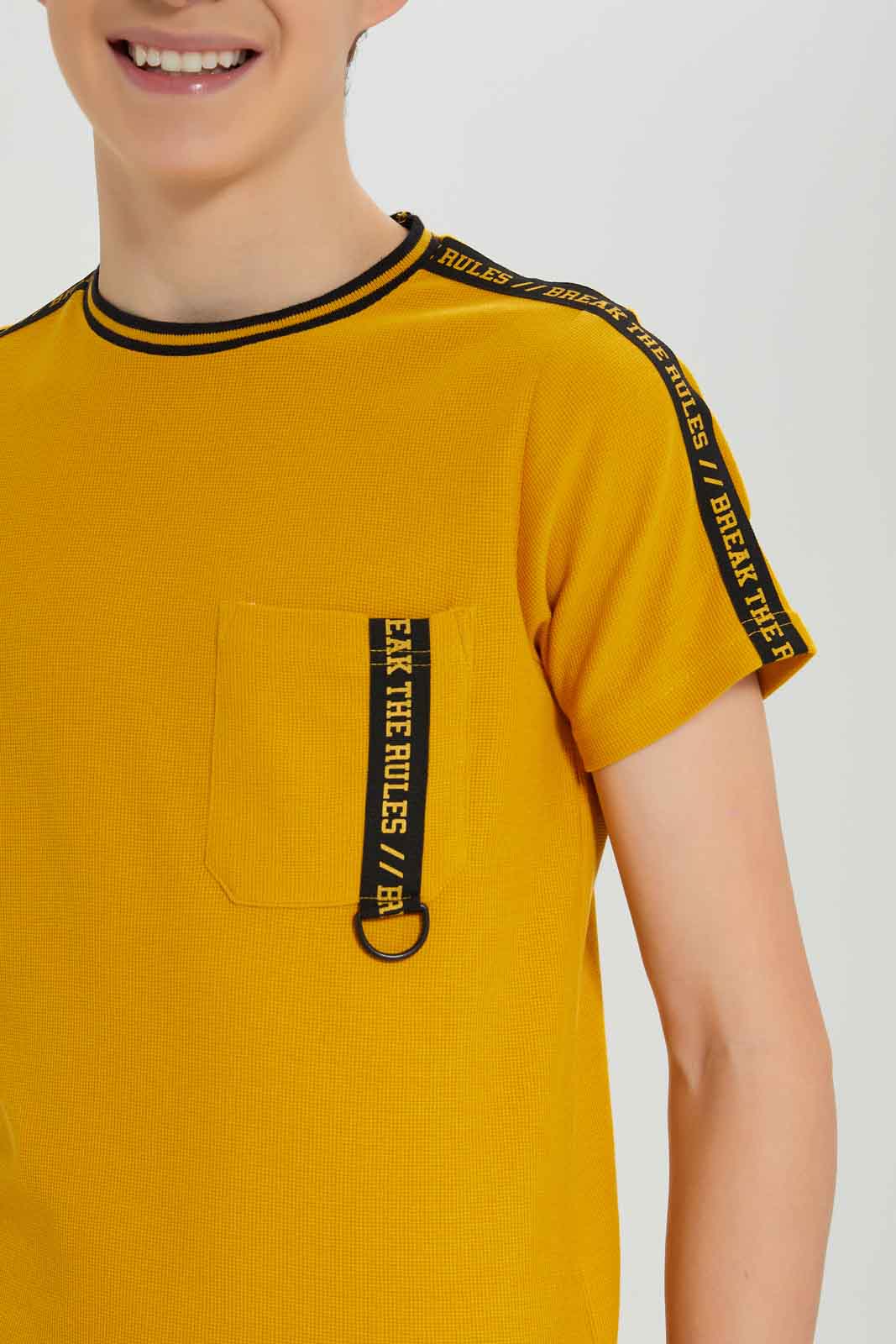 Redtag-Boys-Mustard-Waffle-Tape-Tee-BSR-T-Shirts,-Category:T-Shirts,-Colour:Mustard,-Deals:New-In,-Dept:Boys,-Filter:Senior-Boys-(8-to-14-Yrs),-New-In-BSR-APL,-Non-Sale,-Section:Boys-(0-to-14Yrs),-W22B-Senior-Boys-9 to 14 Years