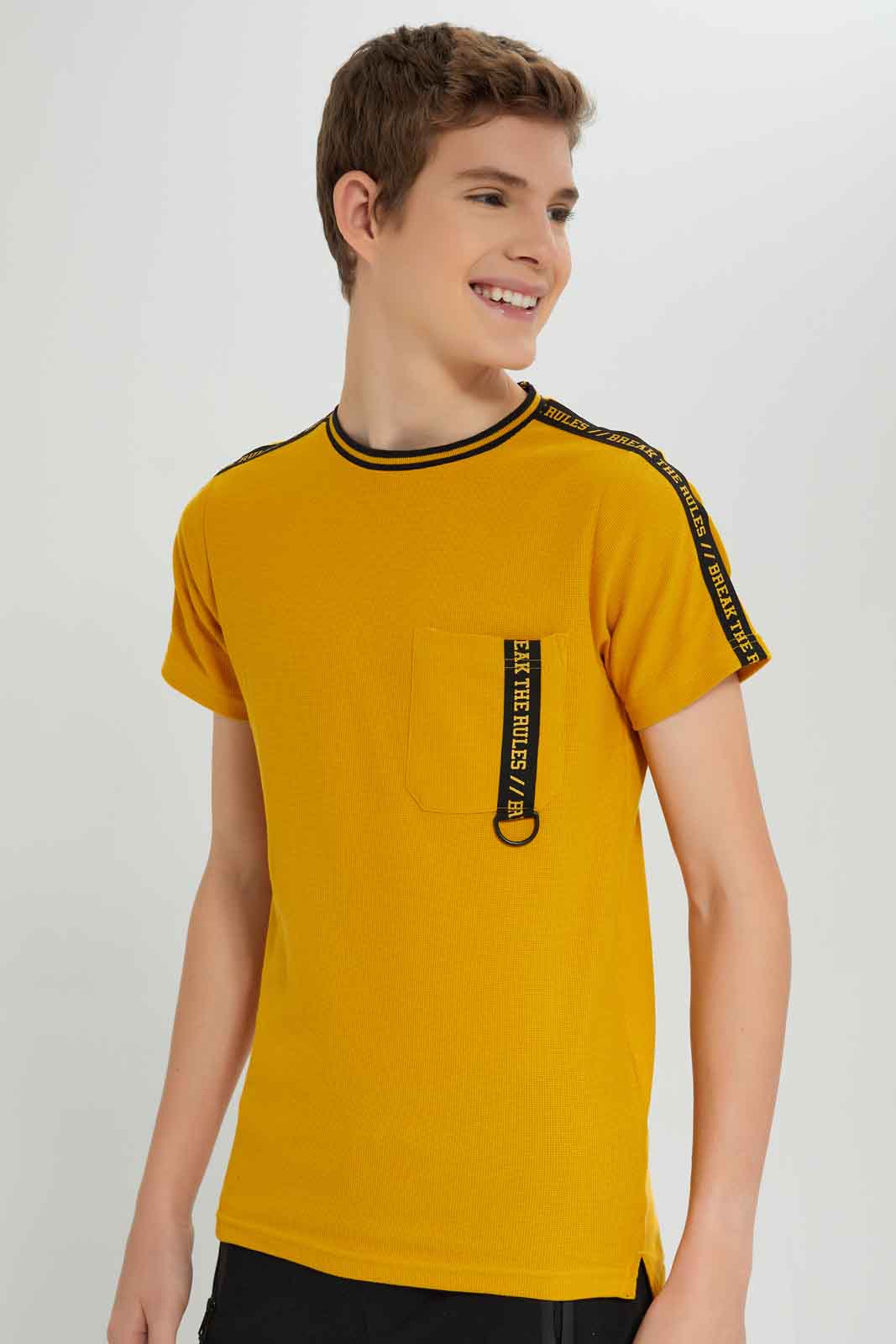 Redtag-Boys-Mustard-Waffle-Tape-Tee-BSR-T-Shirts,-Category:T-Shirts,-Colour:Mustard,-Deals:New-In,-Dept:Boys,-Filter:Senior-Boys-(8-to-14-Yrs),-New-In-BSR-APL,-Non-Sale,-Section:Boys-(0-to-14Yrs),-W22B-Senior-Boys-9 to 14 Years