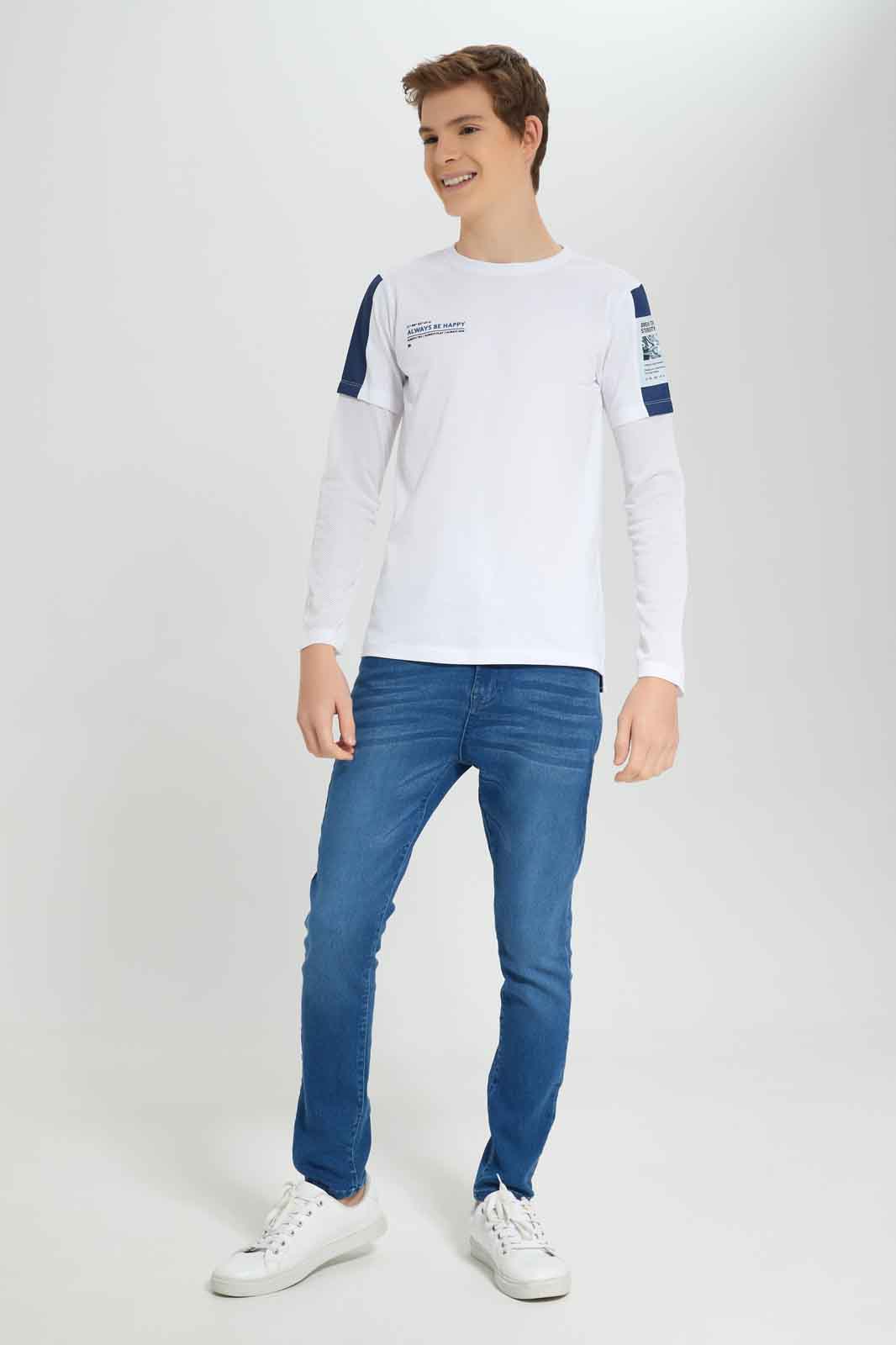 Redtag-Boys-White-Mesh-Peep-Out-Slv-Tee-BSR-T-Shirts,-BTS,-Category:T-Shirts,-Colour:White,-Deals:New-In,-Dept:Boys,-Filter:Senior-Boys-(8-to-14-Yrs),-New-In-BSR-APL,-Non-Sale,-Section:Boys-(0-to-14Yrs),-W22B-Senior-Boys-9 to 14 Years