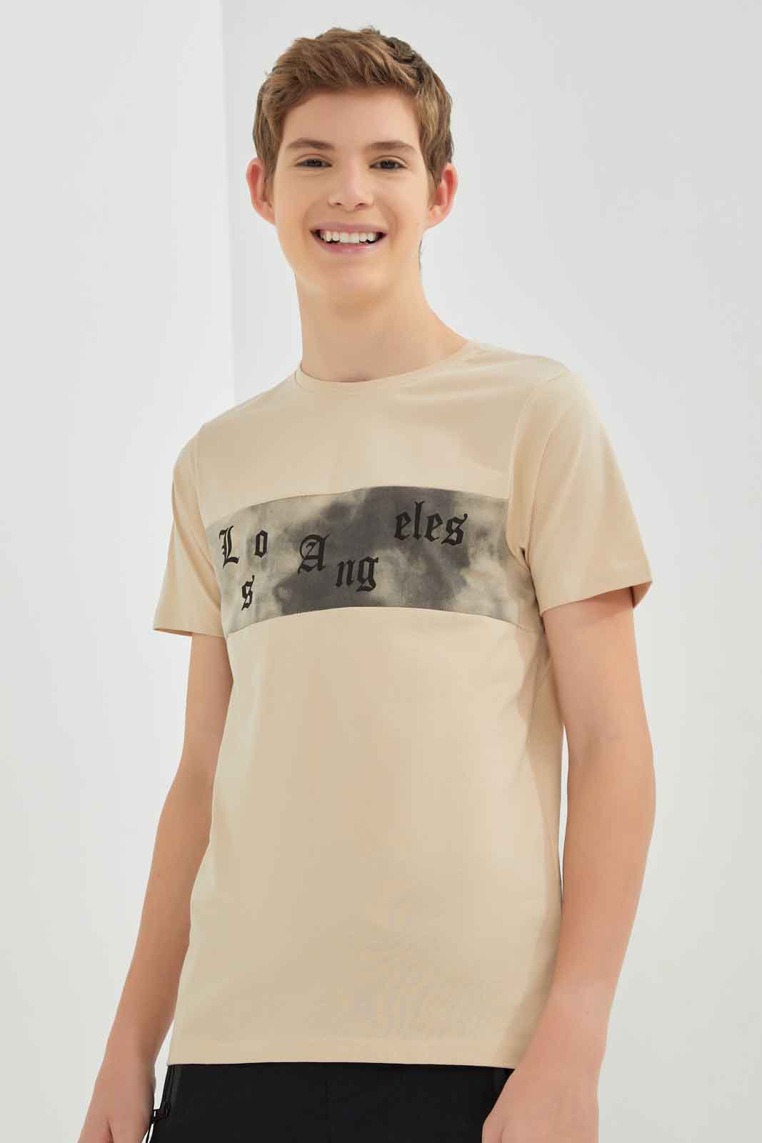 Redtag-Boys-Beige-La-Flock-Print-Tee-BSR-T-Shirts,-Category:T-Shirts,-Colour:Beige,-Deals:New-In,-Dept:Boys,-Filter:Senior-Boys-(8-to-14-Yrs),-New-In-BSR-APL,-Non-Sale,-Section:Boys-(0-to-14Yrs),-W22B-Senior-Boys-9 to 14 Years